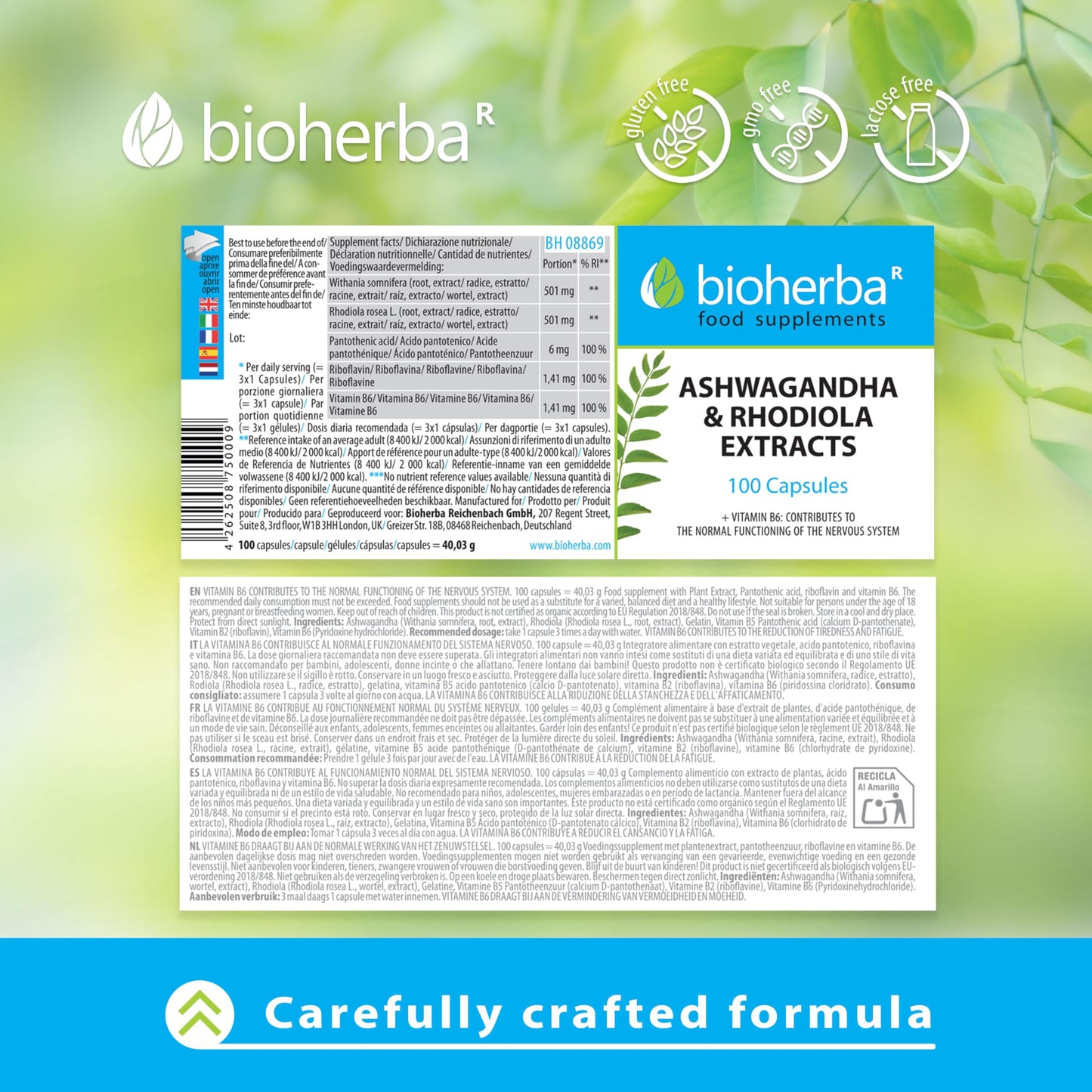 Ashwagandha Rhodiola Supplement by BIOHERBA - 100 High-Potency Capsules for Stress Relief and Sleep Support for Adults