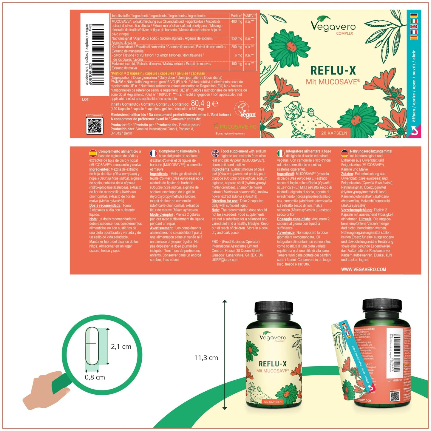 Vegavero Reflu-X Complex | Natural Antacid | Stomach Capsules for Reflux and Gastritis | with Mucosave®, Olive Leaf Extract, Sodium Alginate, Chamomile | NO Additives | 120 Capsules | Vegan