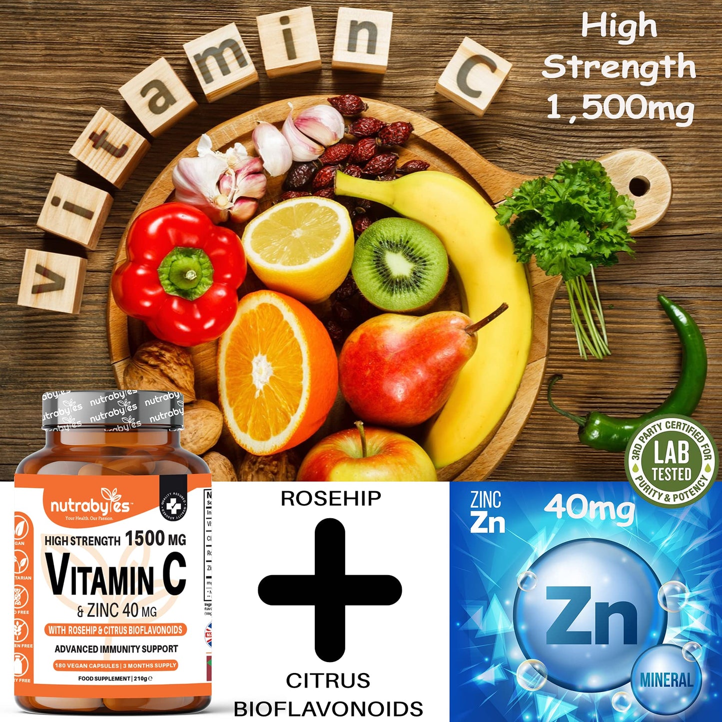 NUTRABYTES High Strength Vitamin C and Zinc Capsules | Vitamin C 1500mg and Zinc 40mg | Enhanced with Rosehip and Citrus Bioflavonoids | for Maintenance of Normal Immune System | 180 Vegan Capsules | Made in UK