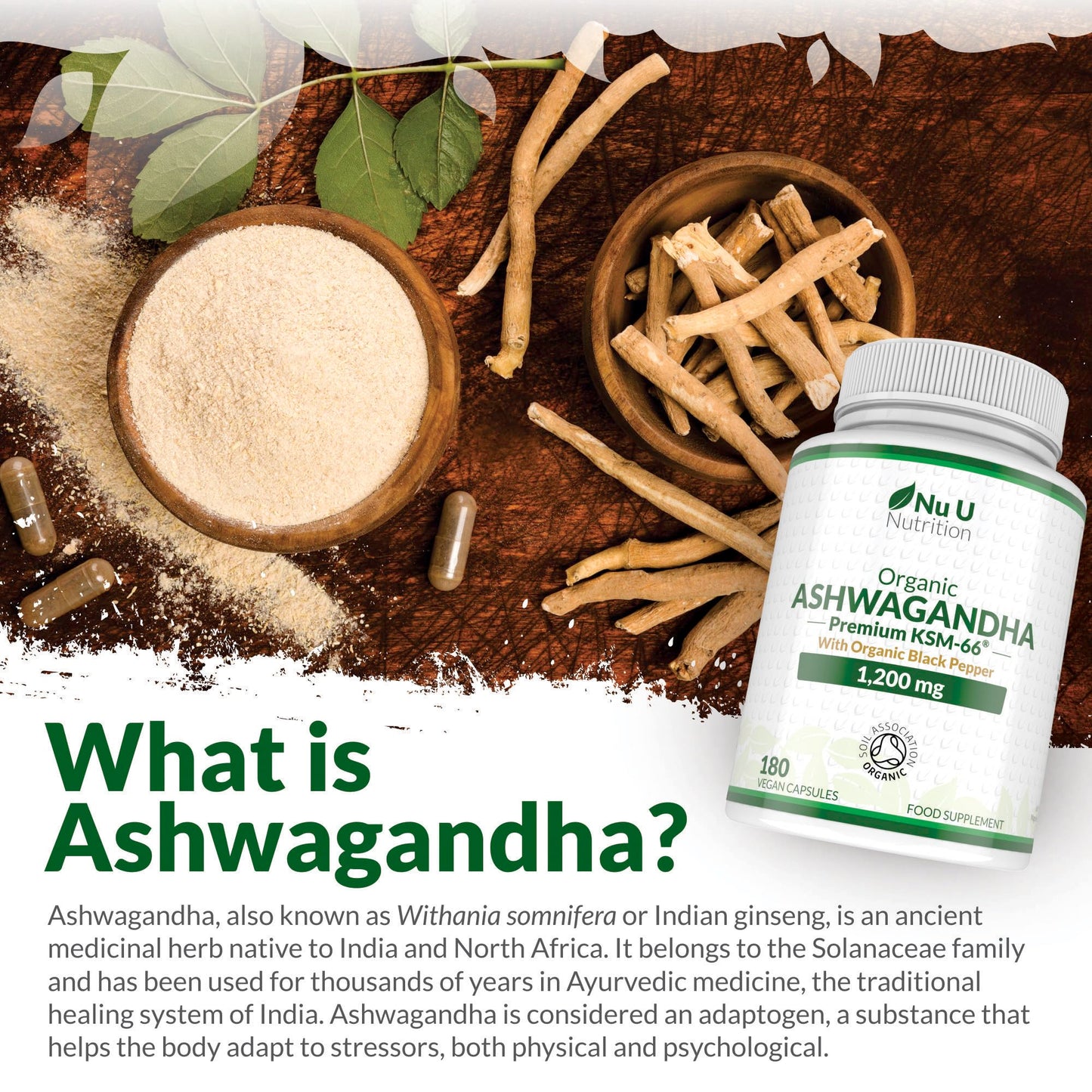 Organic Ashwagandha KSM-66® 1200mg - 5% Withanolides - 180 Vegan Capsules - High Strength Ashwaganda with Black Pepper - Soil Association Certified - Made in the UK - Nu U Nutrition