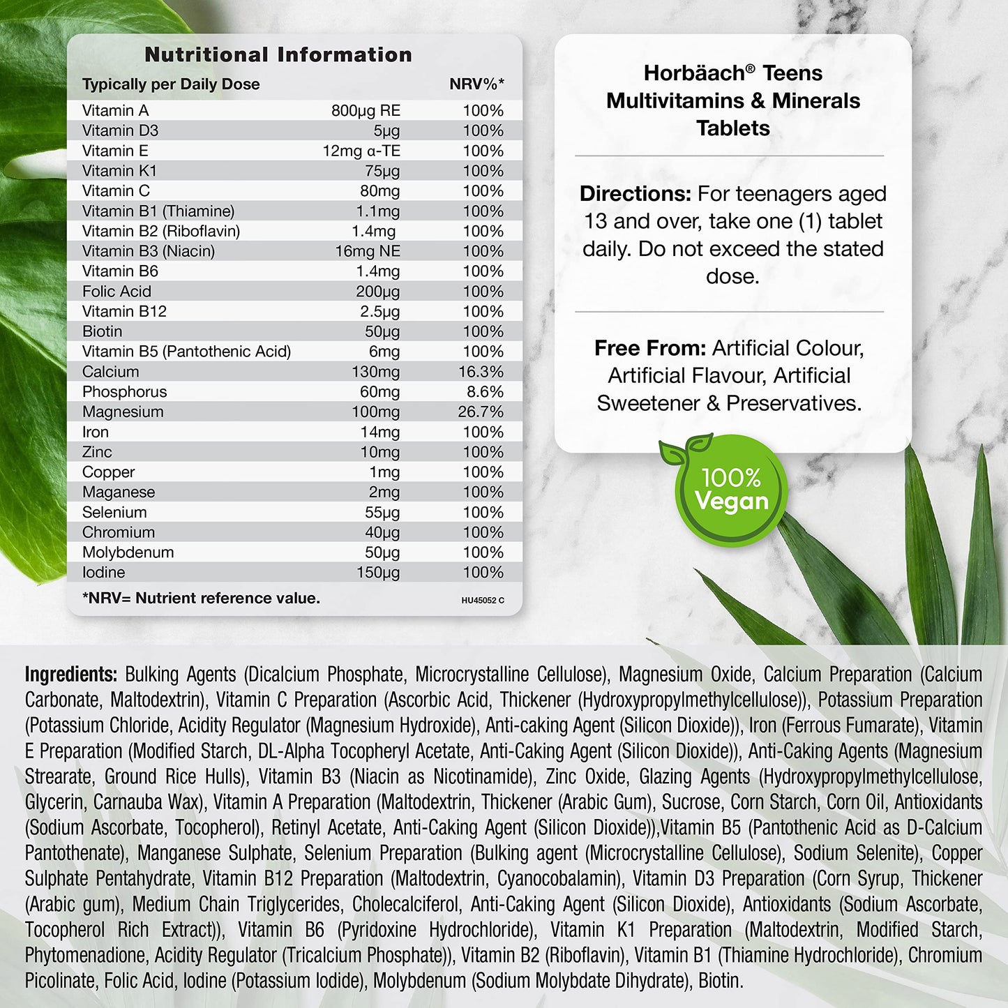 Teen Multivitamin | 120 Vegan Tablets | Immune System Booster | with Vitamins B, D, and E, Calcium, Iron and Zinc | Supplement for Teenage Boys and Girls | by Horbaach