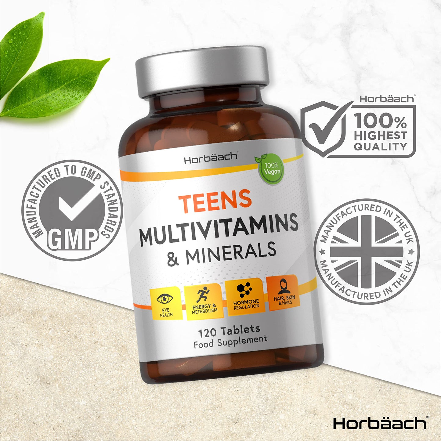 Teen Multivitamin | 120 Vegan Tablets | Immune System Booster | with Vitamins B, D, and E, Calcium, Iron and Zinc | Supplement for Teenage Boys and Girls | by Horbaach