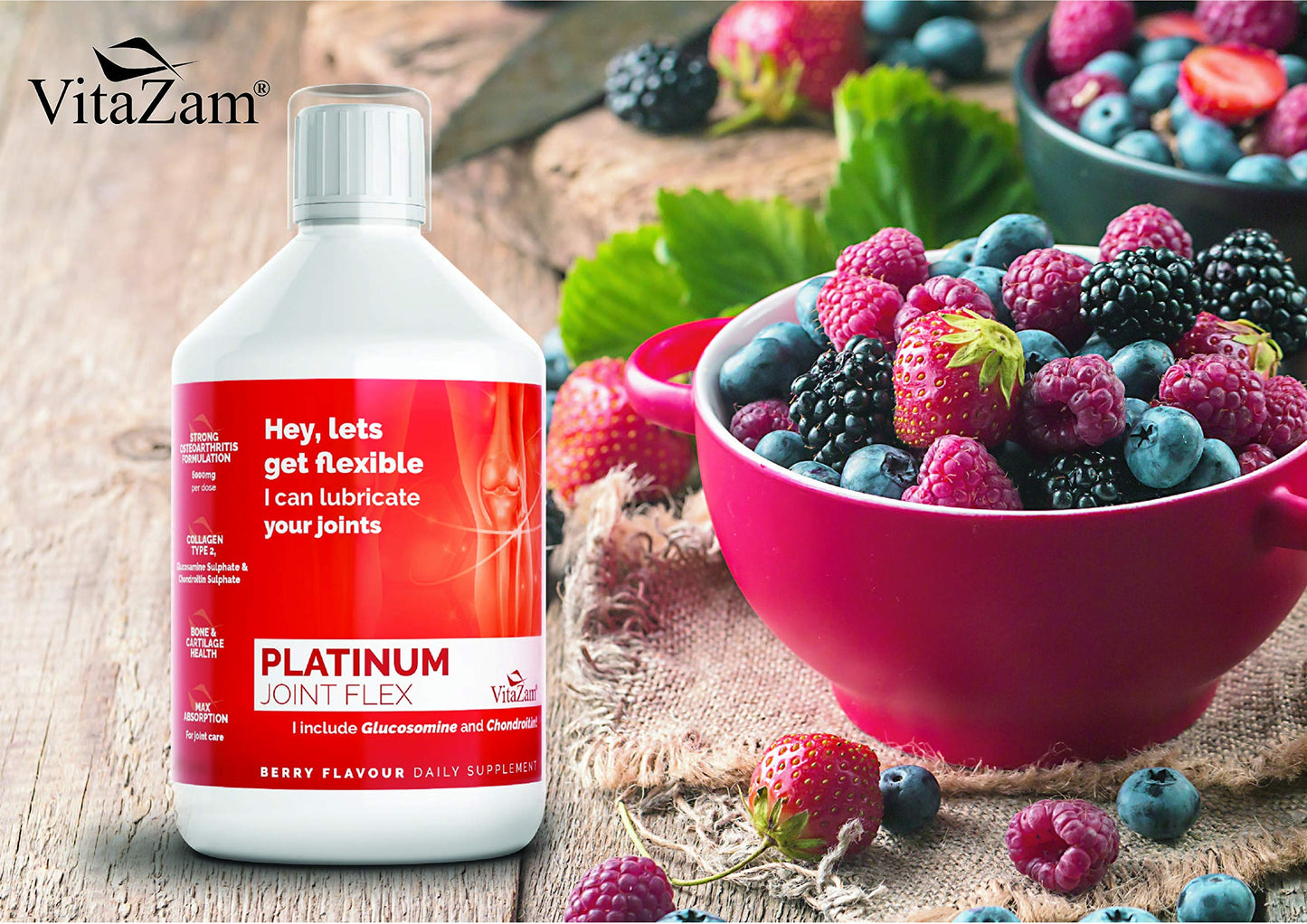 VitaZam Glucosamine and Chondroitin High Strength Platinum Joint Flex 500 ml Liquid MSM, Chondroitin Sulphates with Strong Osteoarthritis Formulation for Bones and Joint Health, Berry Flavour