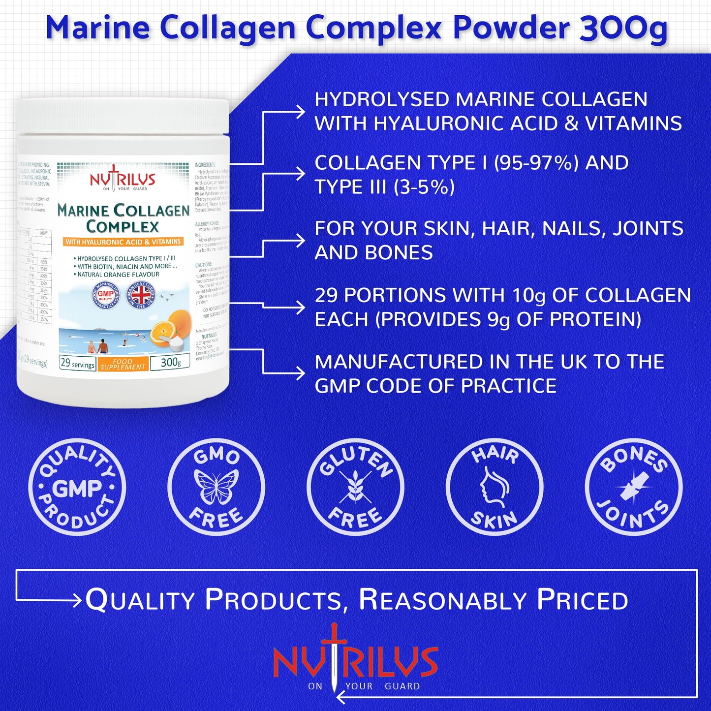 Nutrilus Hydrolysed Marine Collagen Powder 300g with Hyaluronic Acid and Vitamins - 29 Servings - with Biotin, Folic Acid, B12 & more - High Protein - for Skin, Hair, Nails, Joints (Orange)