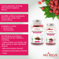 Nutrilus Ashwagandha Root Extract Gummies 600mg – 1200mg per Serving - High Strength – 5% Withanolides – Natural Flavour Vegan Gummy Supplement (150 Gummies)