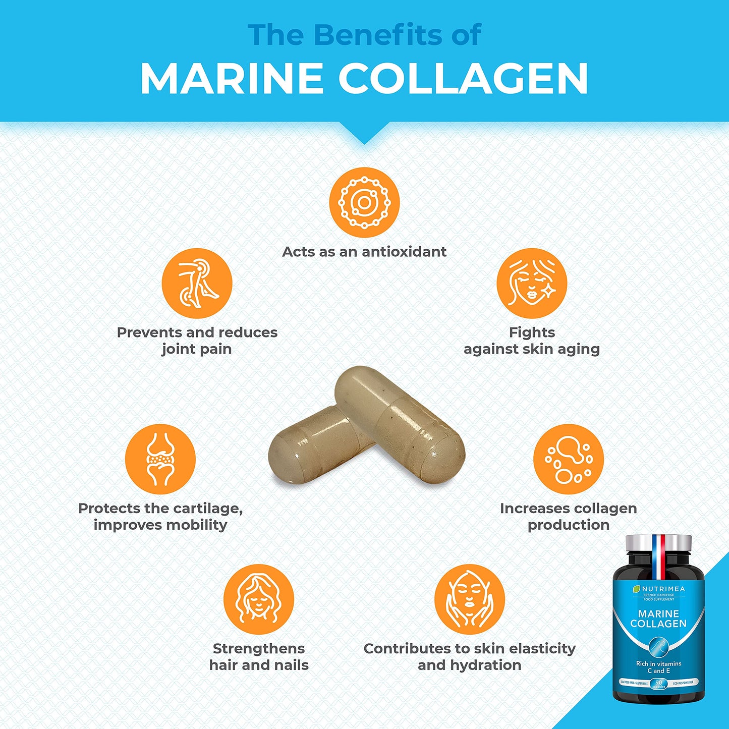 Pure Marine Collagen (900mg) - Enriched with Vitamins C and E – Patented Premium Type I & II Hydrolysed Collagen - Skin Hydration - Protect Bones and Joints - 90 Capsules - French Expertise