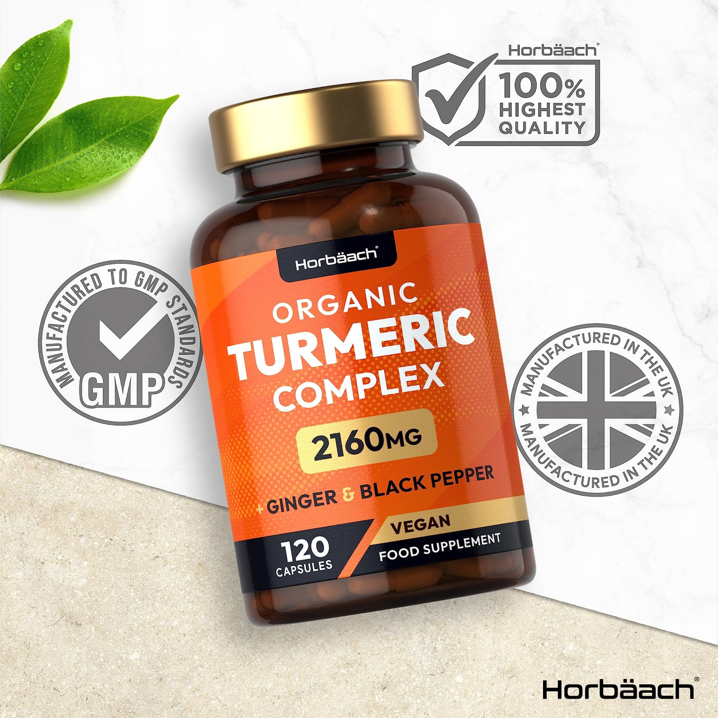Organic Turmeric and Black Pepper Capsules | 2160mg | High Strength Curcumin with Ginger | 120 Vegan Capsules | by Horbaach