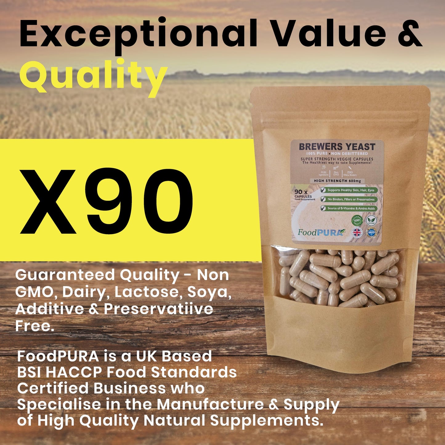 FoodPURA 90 x 600mg Brewers Yeast Capsules 100% Pure & Natural Not Debittered HACCP Certified Manufactured in The UK (90)