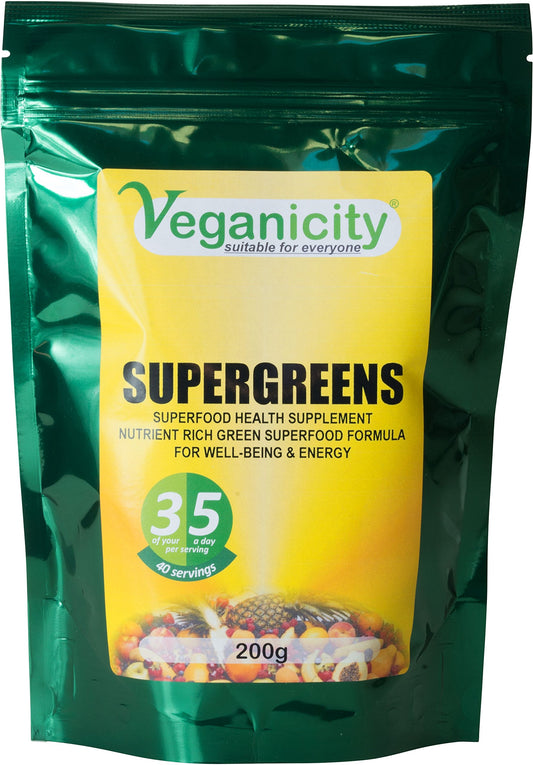 Veganicity SuperGreens Powder : Green Superfoods General Health & Well-Being Supplement : 200g, in a recycleable Pouch