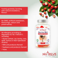 Nutrilus Biotin 60 Natural Strawberry Gummies High Strength 5000mcg per Gummy - One Daily - High Dose Vegan Supplement 5000µg Vitamin B7 - Hair & Skin & Nails