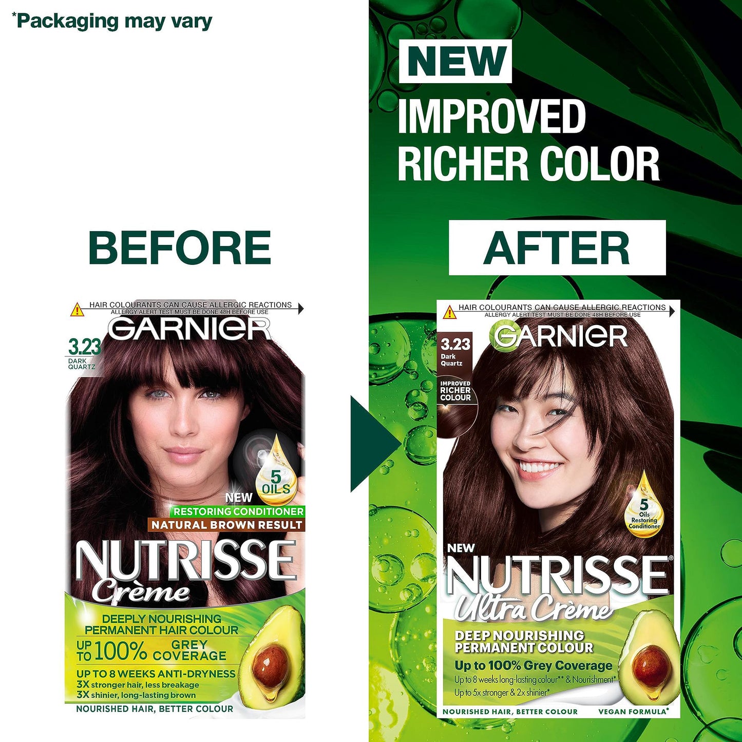 Garnier Nutrisse Brown Hair Dye Permanent, Up To 100 Percent Grey Hair Coverage, With 5 Oils Conditioner - 3.23 Dark Quartz