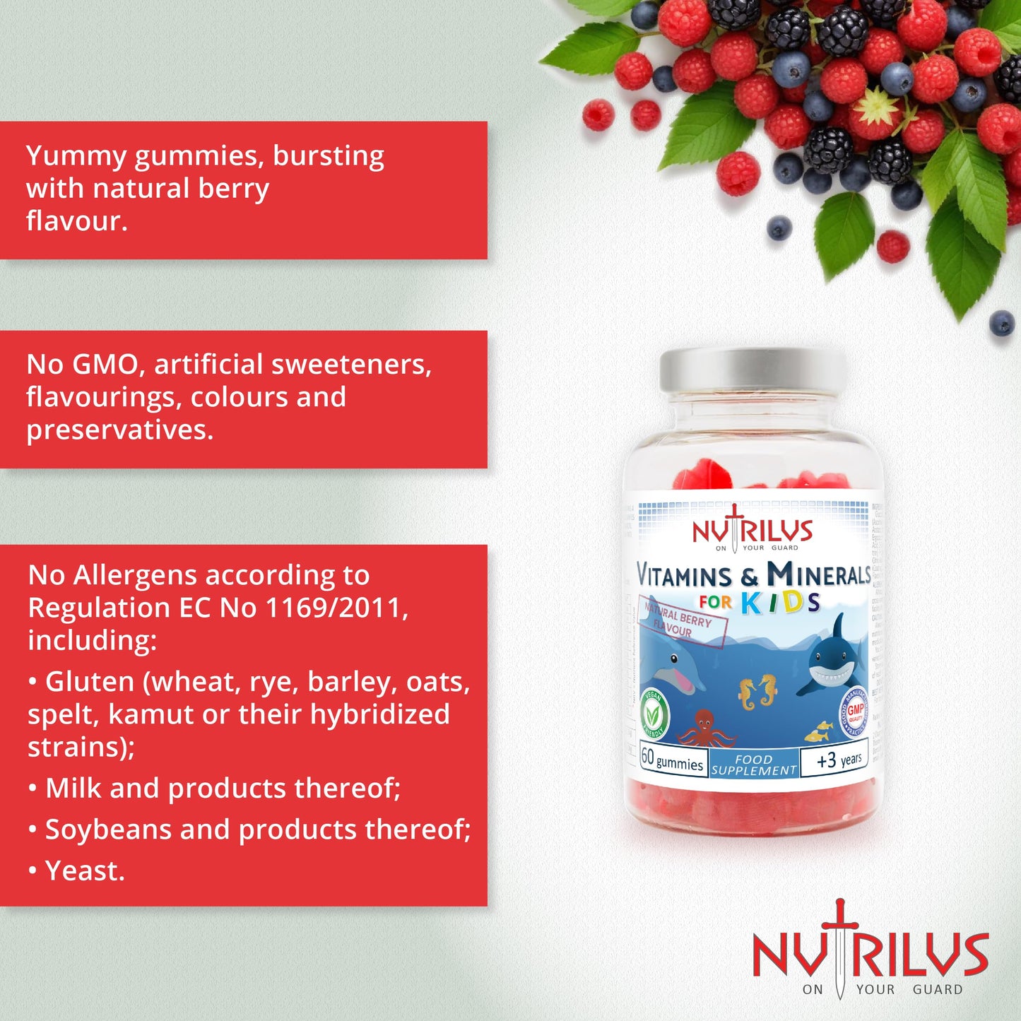 Nutrilus Vitamins & Minerals for Kids and Adults 60 Natural Berry Gummies – Multivitamin & Zinc & Iodine – Growth & Immune & Hormones