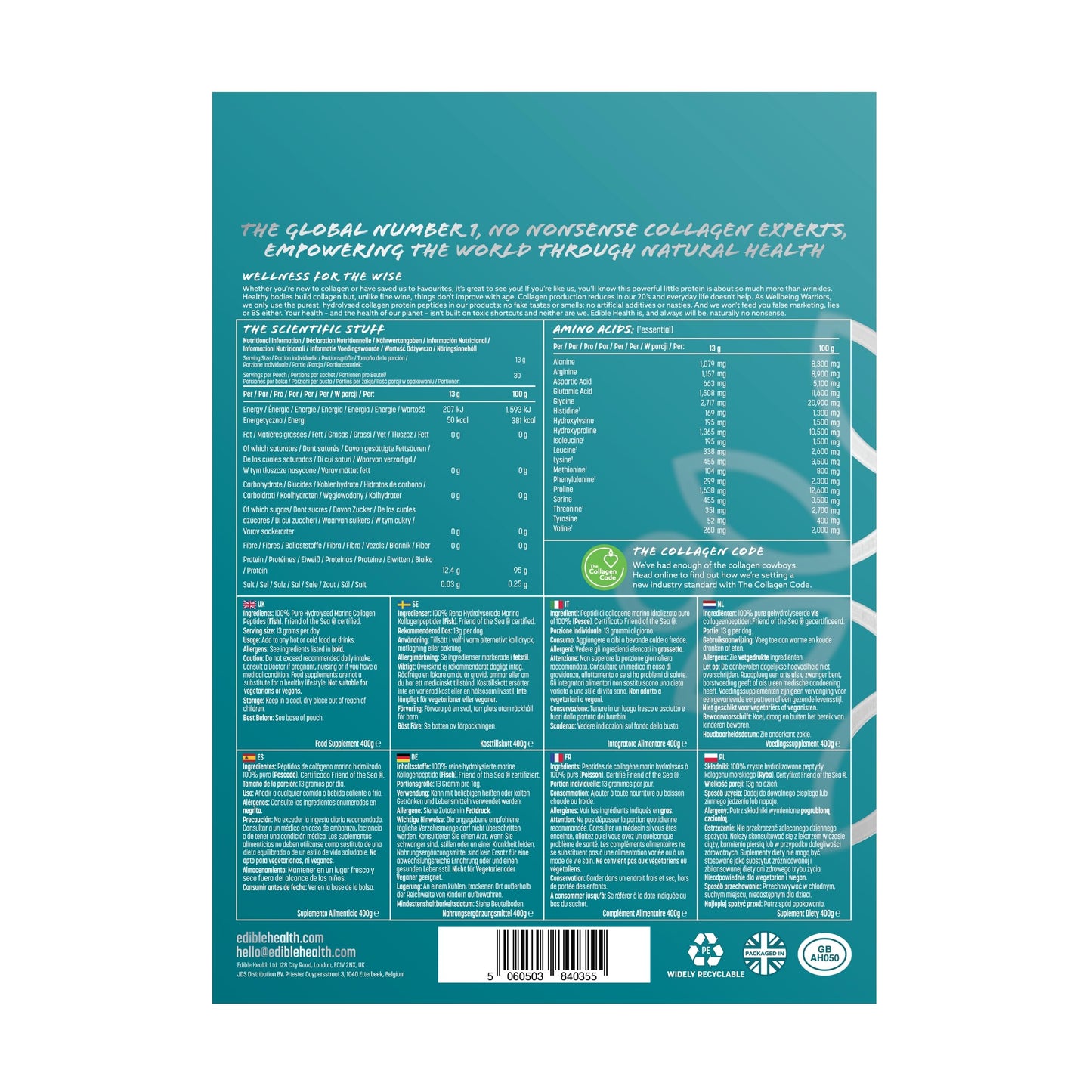 Edible Health High Protein Marine Collagen Powder, Collagen Supplements Regeneration, Quality Collagen Powder Supplement, Collagen Peptides for Diet & Everyday, Carb Free Marine Collagen, 400g Pouch, 30 Day Supply