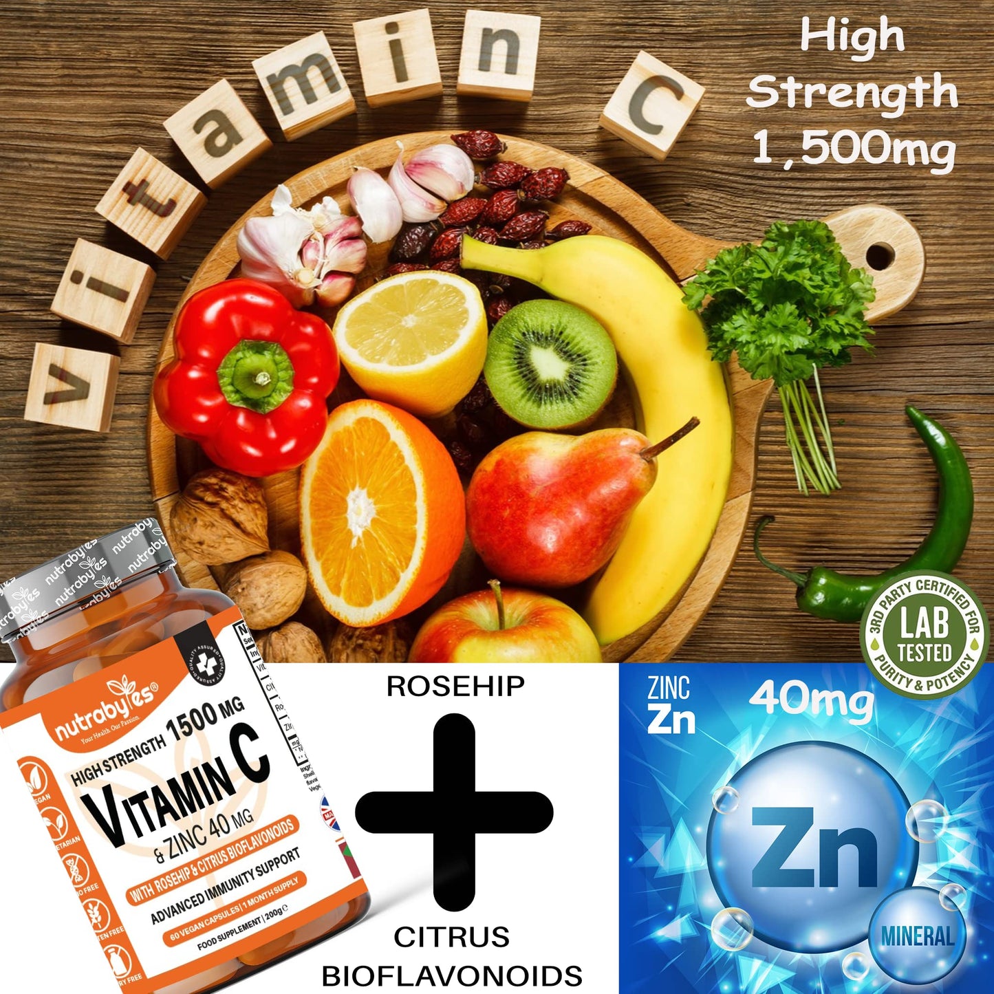 Vitamin C and Zinc Capsules | High Strength Vitamin C 1500mg and Zinc 40mg | Enhanced with Rosehip and Citrus Bioflavonoids | for Maintenance of Normal Immune System | 60 Vegan Capsules | Made in UK