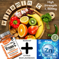 Vitamin C and Zinc Capsules | High Strength Vitamin C 1500mg and Zinc 40mg | Enhanced with Rosehip and Citrus Bioflavonoids | for Maintenance of Normal Immune System | 60 Vegan Capsules | Made in UK