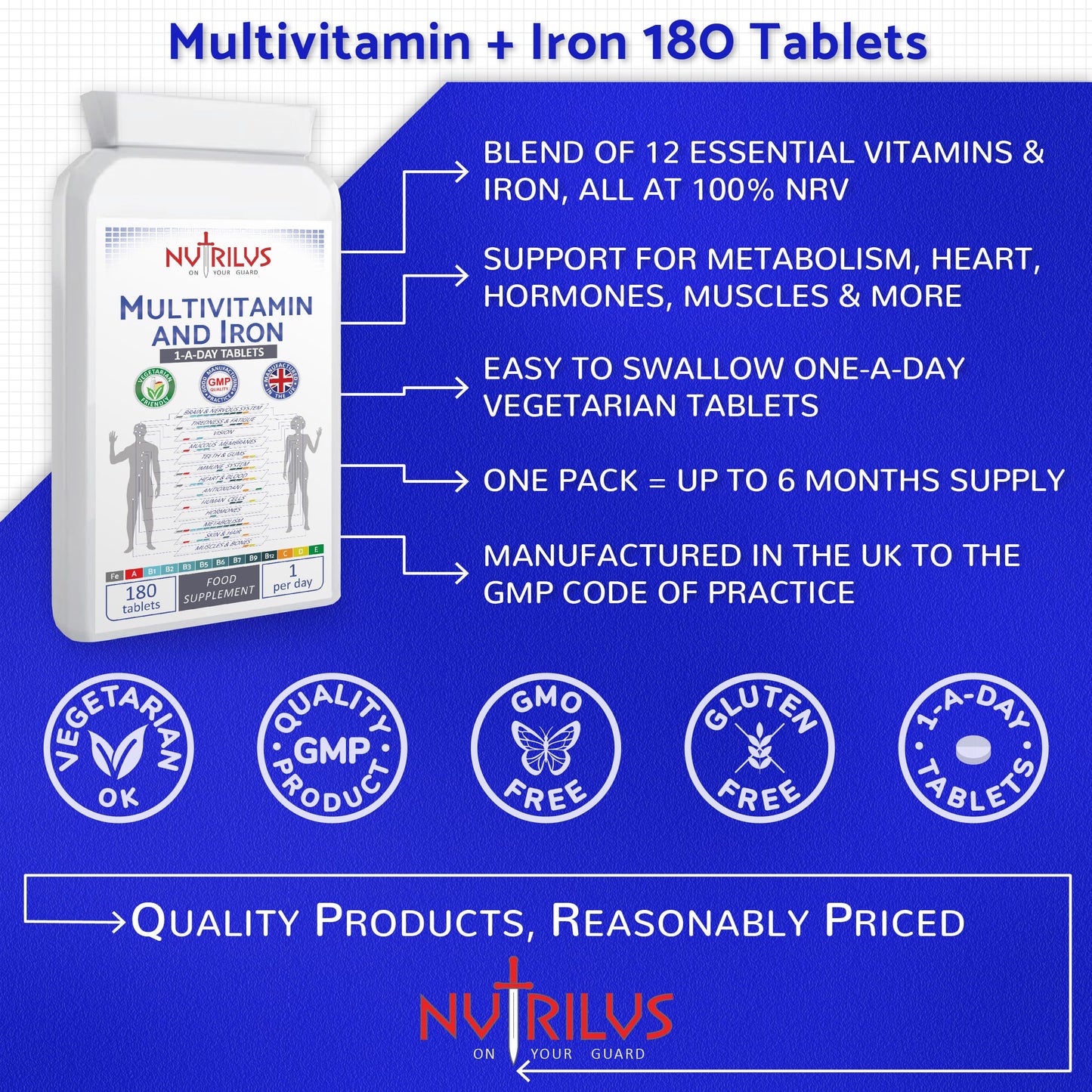 Nutrilus Multivitamin with Iron 180 Daily Tablets - High Strength Supplement - Vitamins A B C D E & Iron - Immune, Energy, Nervous System