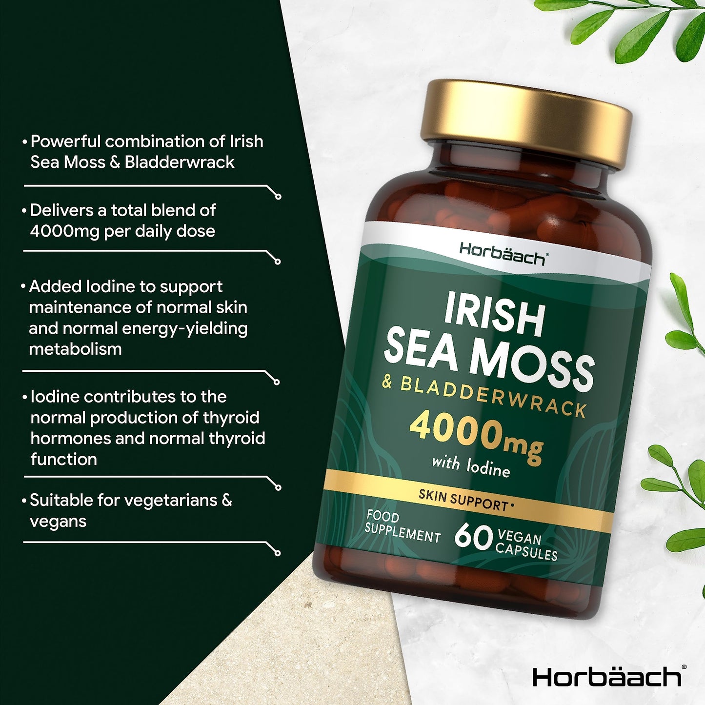 Irish Sea Moss and Bladderwrack Capsules 4000mg | 60 Capsules | Complex with Iodine | by Horbaach