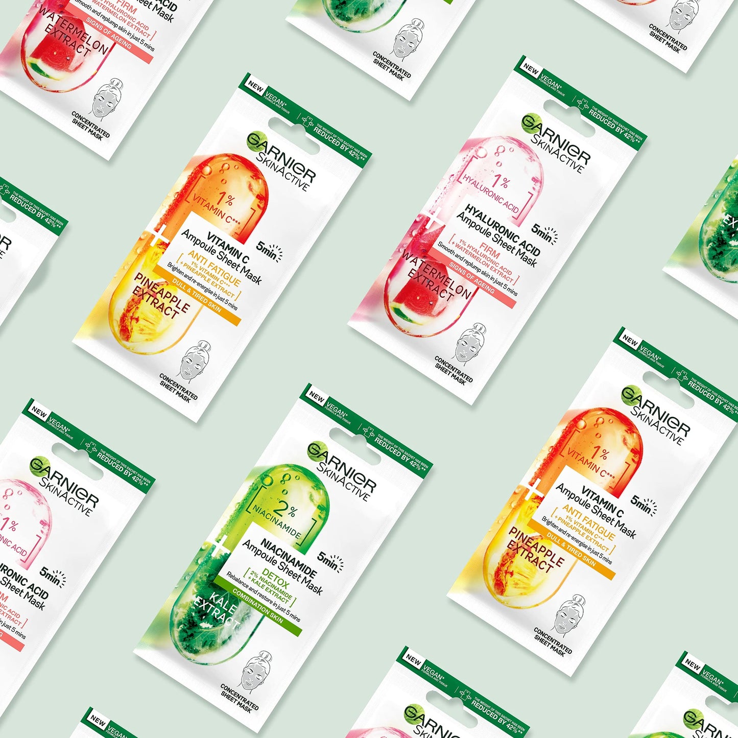 Garnier Ampoule Sheet Masks, Set Of 3 - 1% Vitamin Cg + Pineapple To Brighten Skin, 1% Hyaluronic Acid + Watermelon To Replump Skin, 2% Niacinamide + Kale To Rebalance Oily Skin, Fast Action 5 mins.