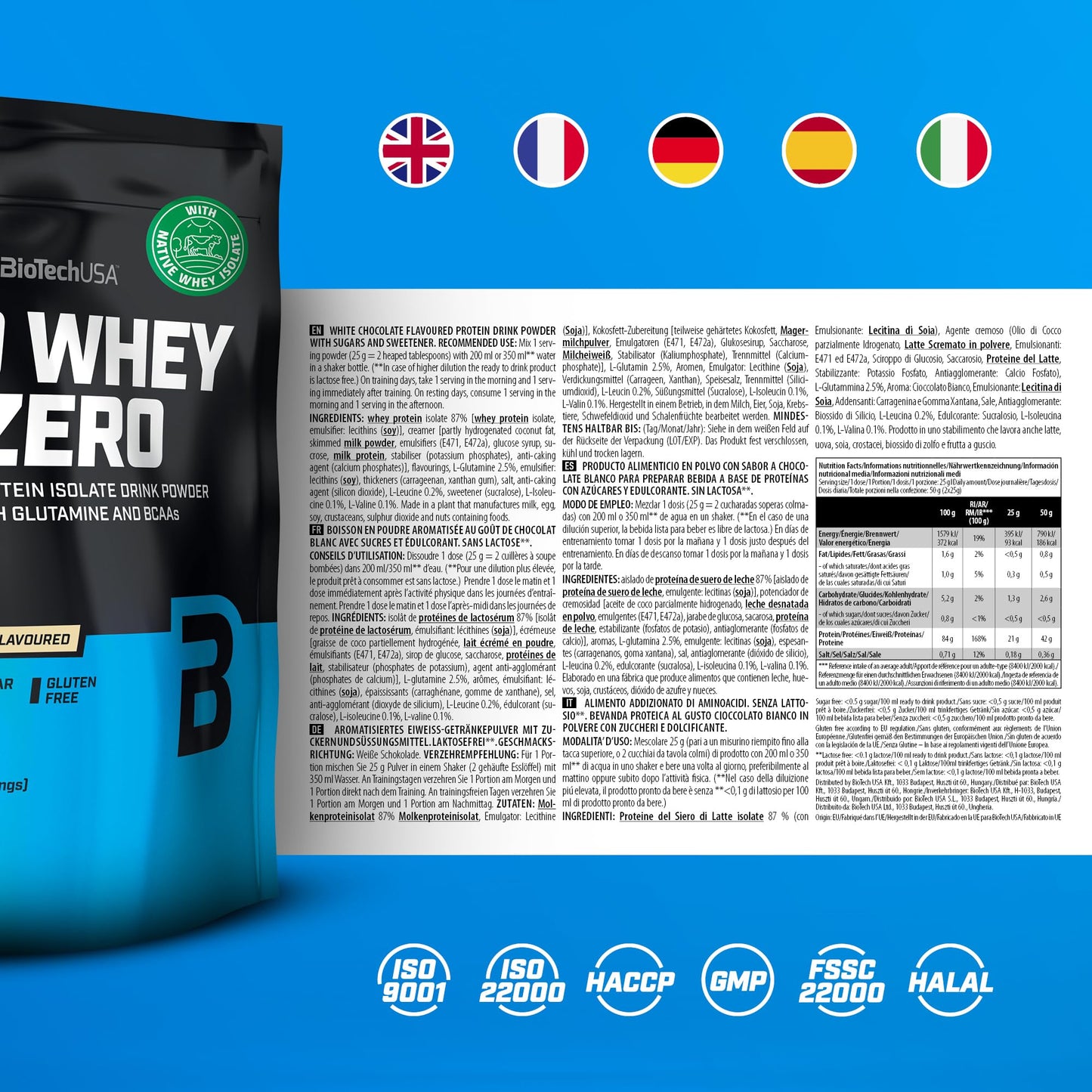 BioTechUSA Iso Whey Zero | Gluten, Sugar Free | Lactose Reduced | Premium Whey Protein Isolate, 500 g, WhiteChocolate