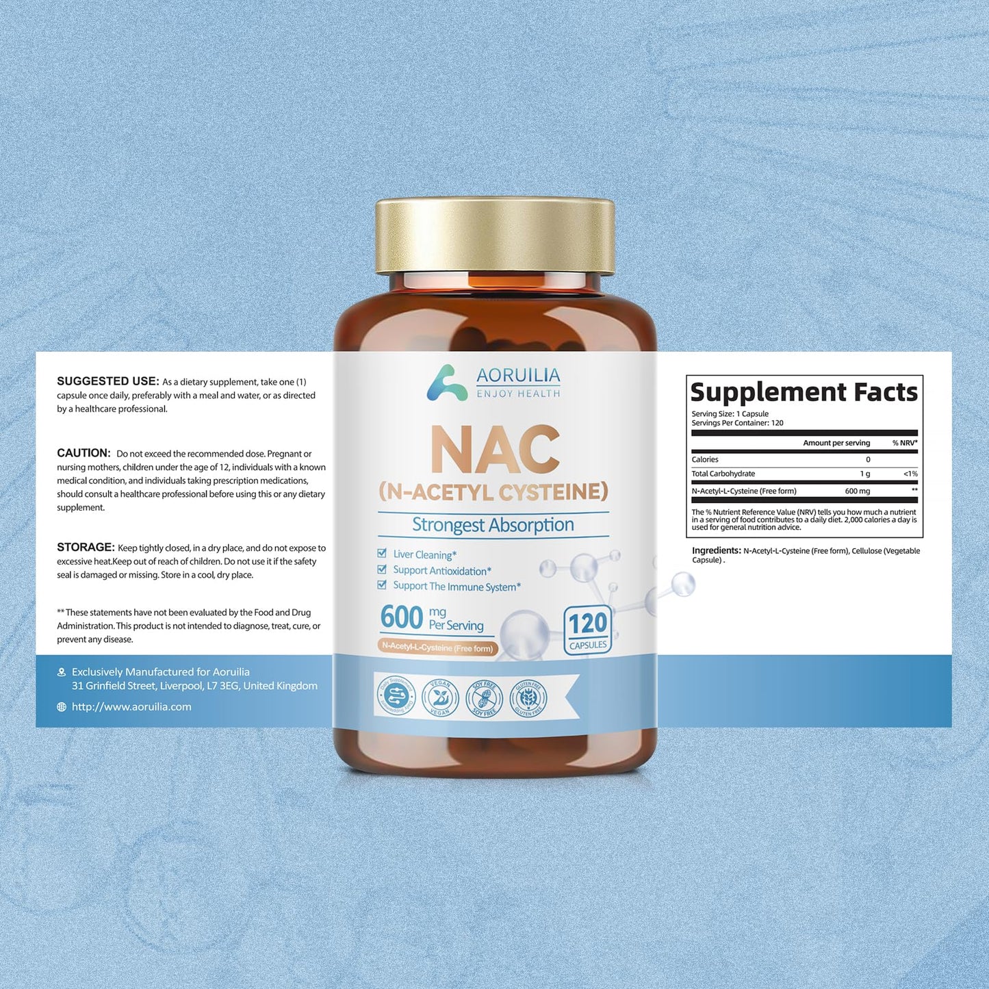 NAC Supplement, Pure N-Acetyl-Cysteine 600mg Ultra High Strength Bioavailability Amino Acid Free Form Formula, 120 Capsules (4 Month Supply)