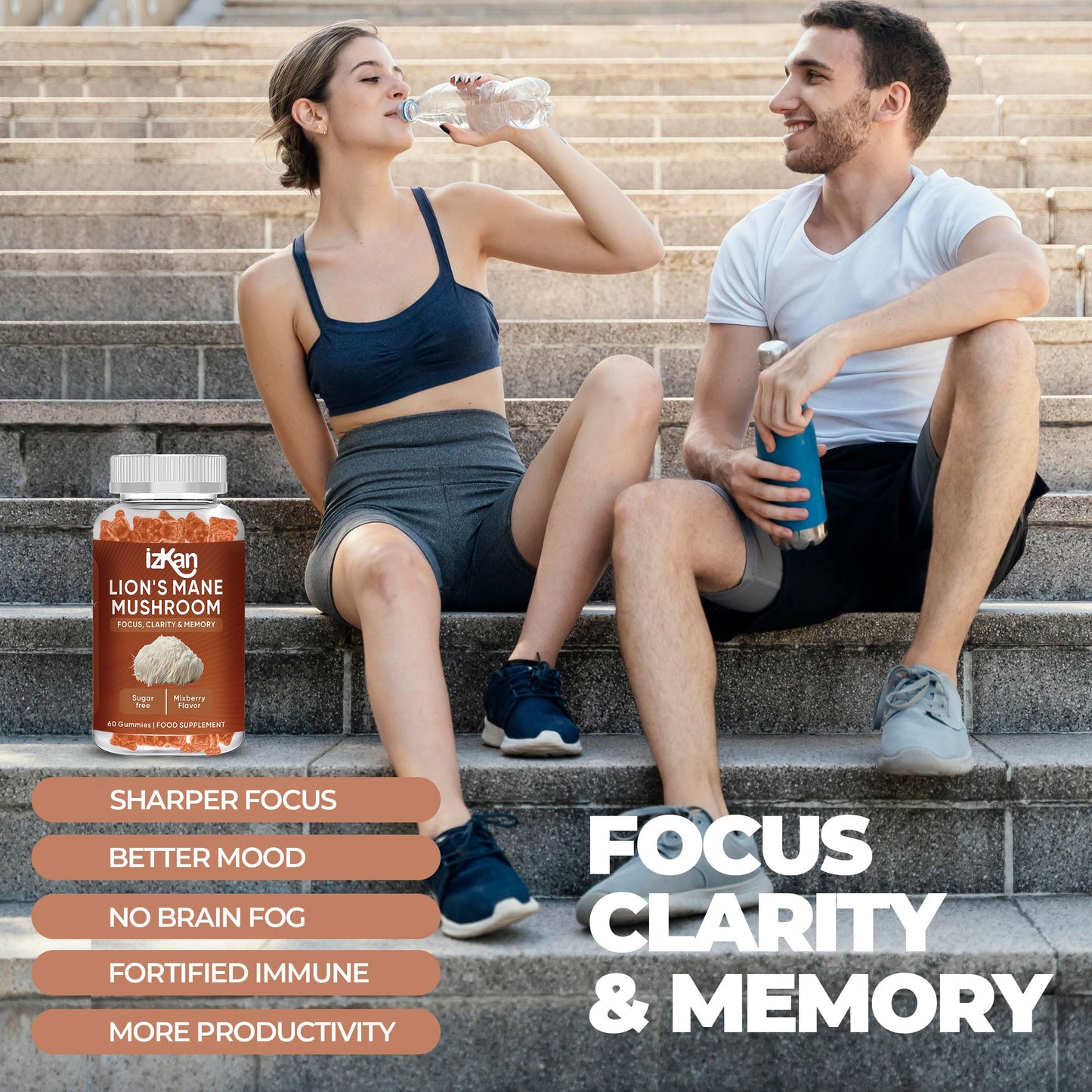 Izkan Mushroom Gummies 1000mg - Lion Mane Mushroom Gummies Supplement Promotes Focus, Memory, and Mood - 60 Count (Mixed Berry Flavor, Halal, Gluten-Free, Vegan) (1)