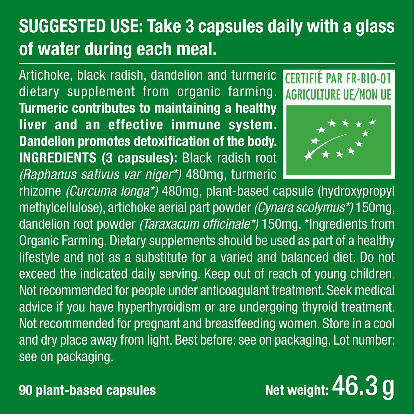 Organic Complex | Detox Supplement: Liver, Intestine & Colon | 100% Natural | Artichoke, Black Radish, Turmeric | Naturally Eliminates Toxins | High Dosage | 90 Vegetarian Capsules | French Expertise