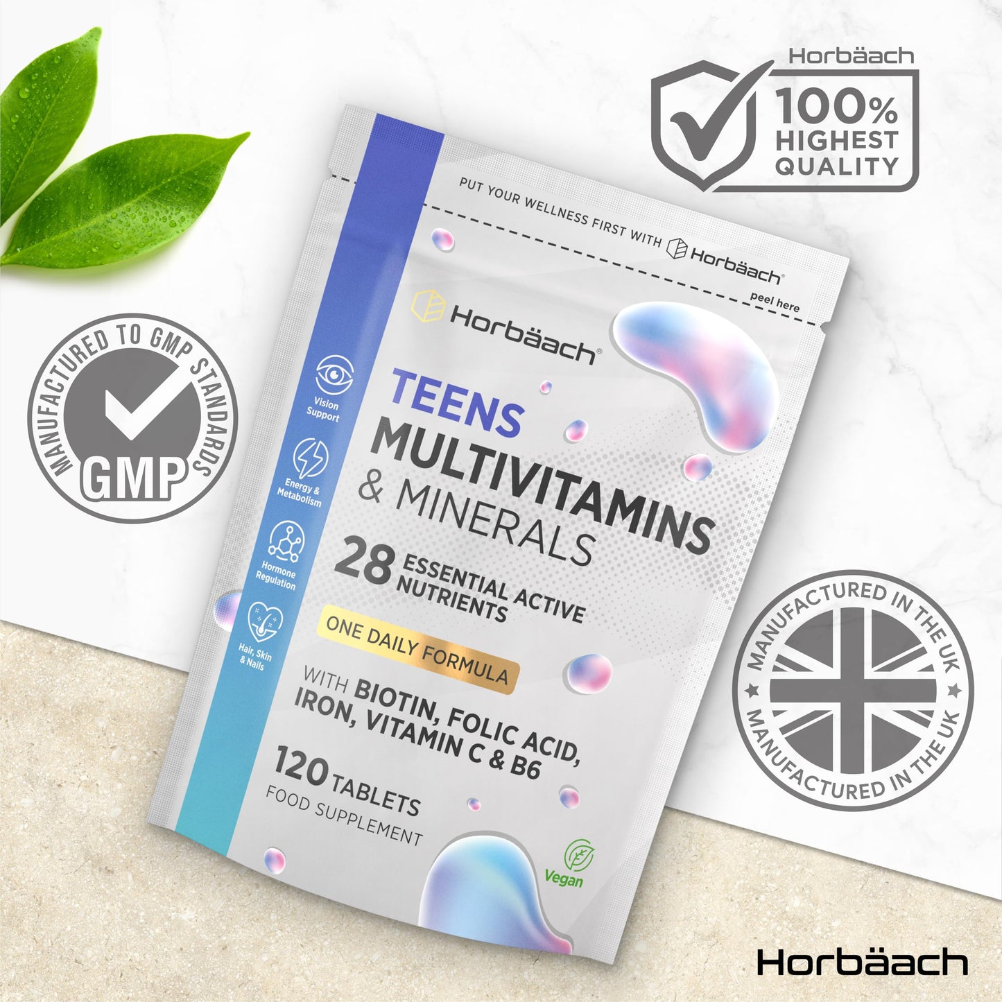 Horbäach Teen Multivitamin | 120 Vegan Tablets | One-a-Day Formula | 28 Nutrients with Biotin, Folic Acid, Iron, Vitamin C & B6 | Multivitamin Support for Teenage Boys & Girls | By Horbaach