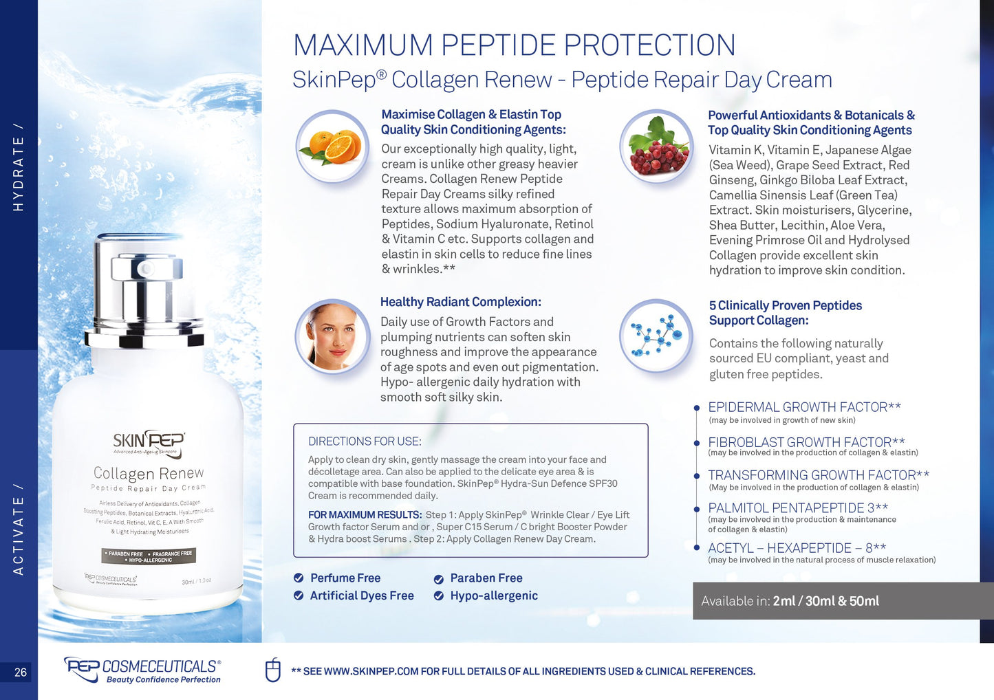 SkinPep Collagen Renew - Peptide Repair Day Cream - Skin Moisturisers + Retinol + Hyaluronic Acid Serum + Vitamin C + Peptides - SkinPep Best Choice For Premium Quality Repair Cream (14ml)