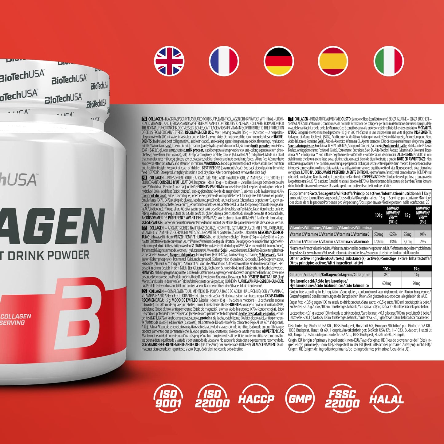 BioTechUSA Collagen | Hyaluronic Acid and Collagen Complex | Added Vitamin C and E | Skin Wellness and Nourishment, 300 g, Black Raspberry