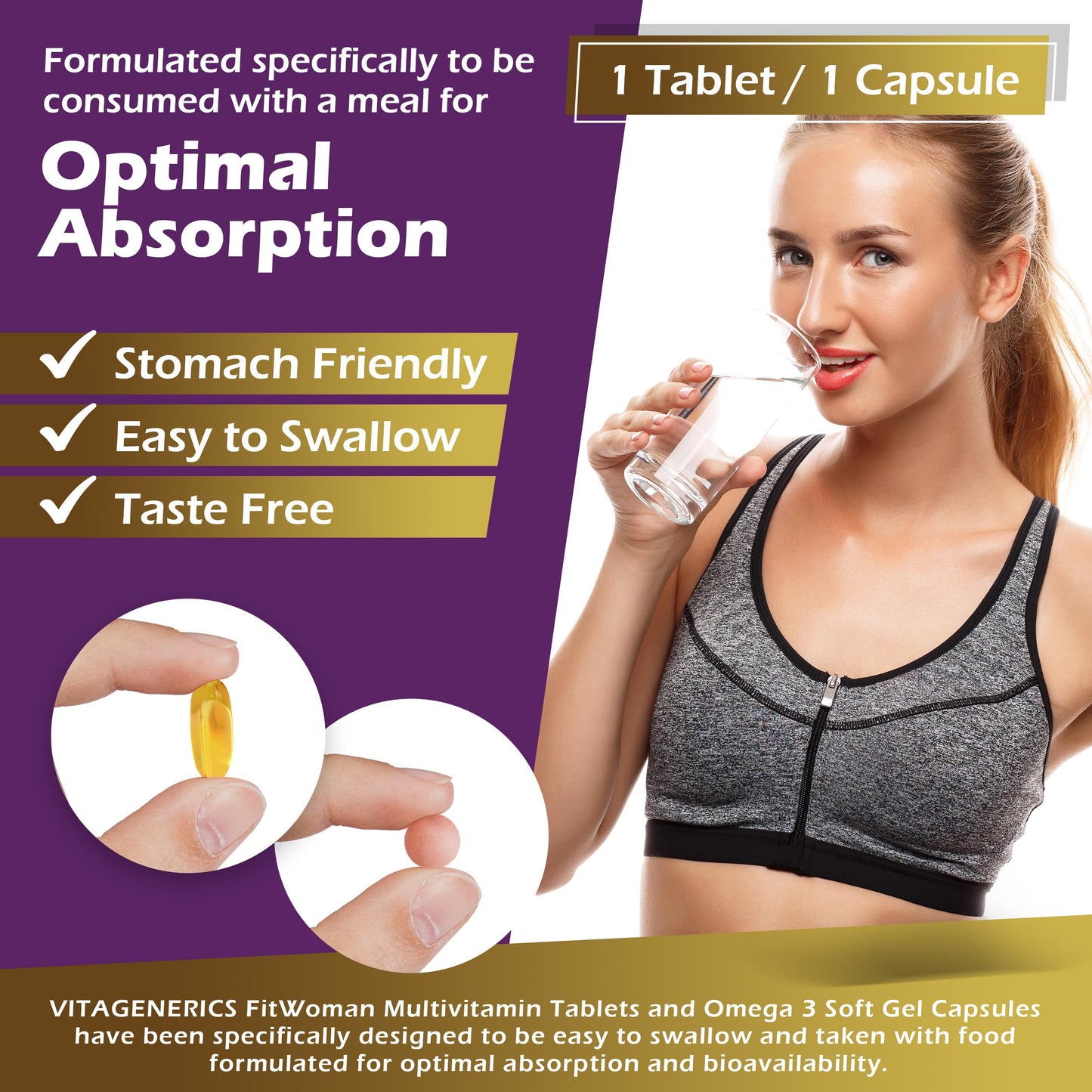 VitaGenerics VITAGENERICS FitWoman Multivitamin & Minerals Plus Omega 3, 30 Tablets Plus 30 Capsules, with Zinc, Iron & B Vitamins, Made in UK