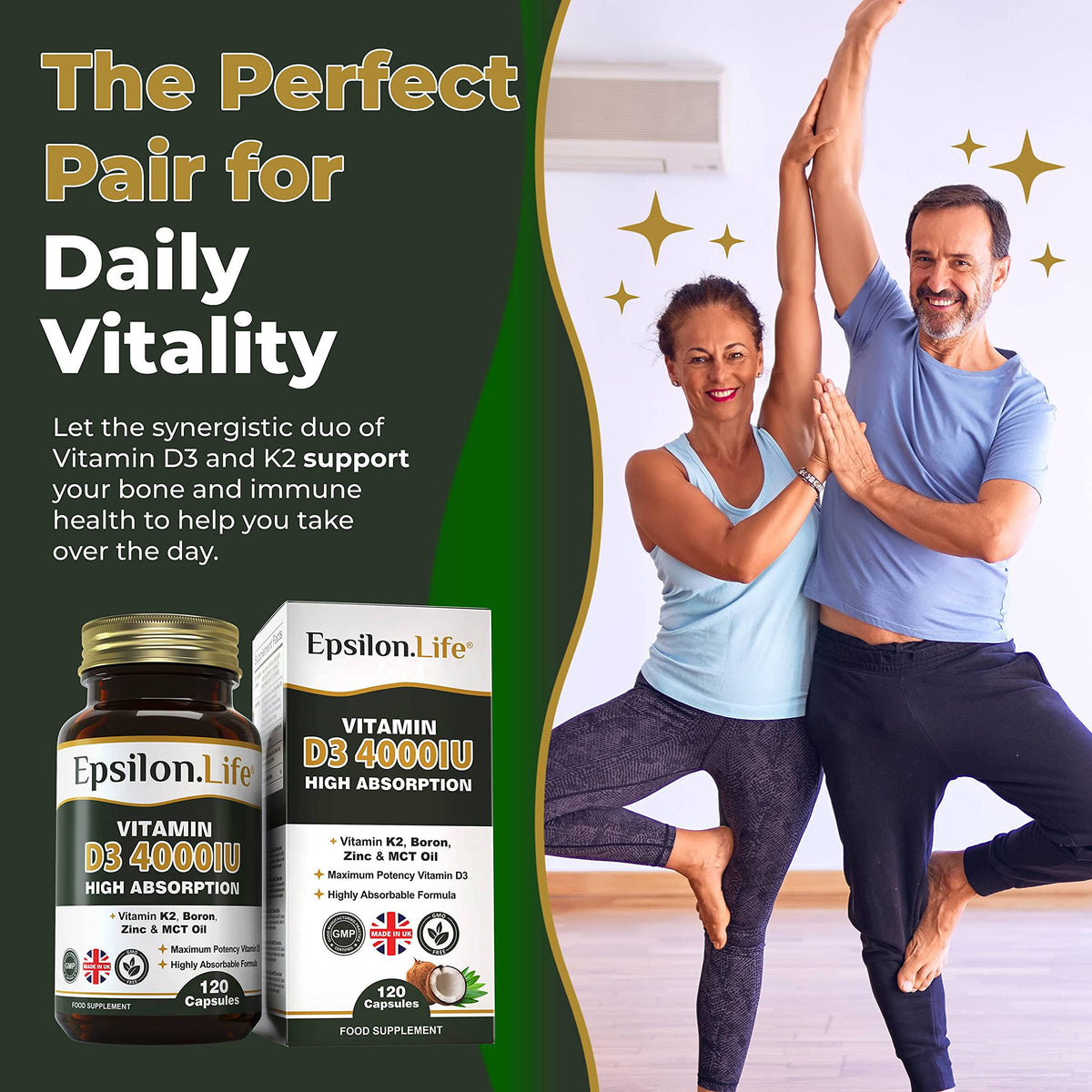 Epsilon Life Vitamin D3 K2 Zinc Supplement – Vitamin D 4000IU High Strength Formula with Vitamin K2 Mk7, Zinc, Boron and MCT Oil for Optimal Absorption – 120 D3 & K2 Capsules - Made in The UK