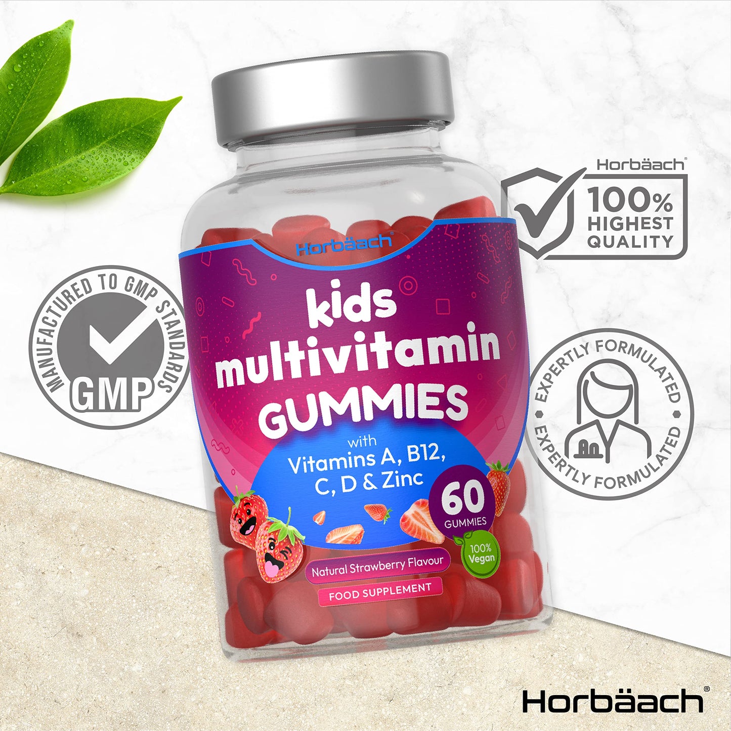 Multivitamin for Kids | 60 Vegan Gummies | 14 Essential Nutrients | with Vitamin A, B12, C, D & Zinc | Natural Strawberry Flavour | by Horbaach