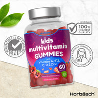 Multivitamin for Kids | 60 Vegan Gummies | 14 Essential Nutrients | with Vitamin A, B12, C, D & Zinc | Natural Strawberry Flavour | by Horbaach