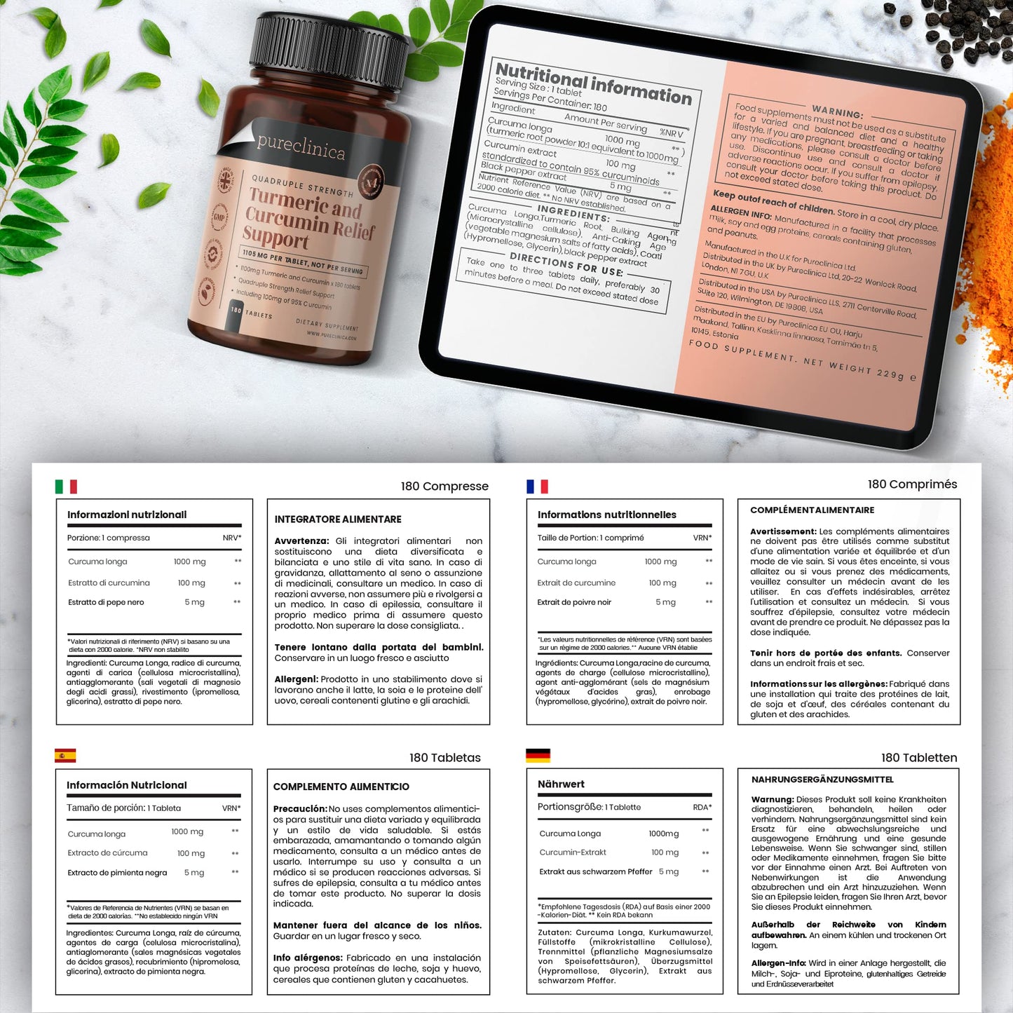 Turmeric Curcumin - 1100mg x 360 tablets (2 bottles of 180) - w/ 95% Curcumin and 5mg black pepper extract.