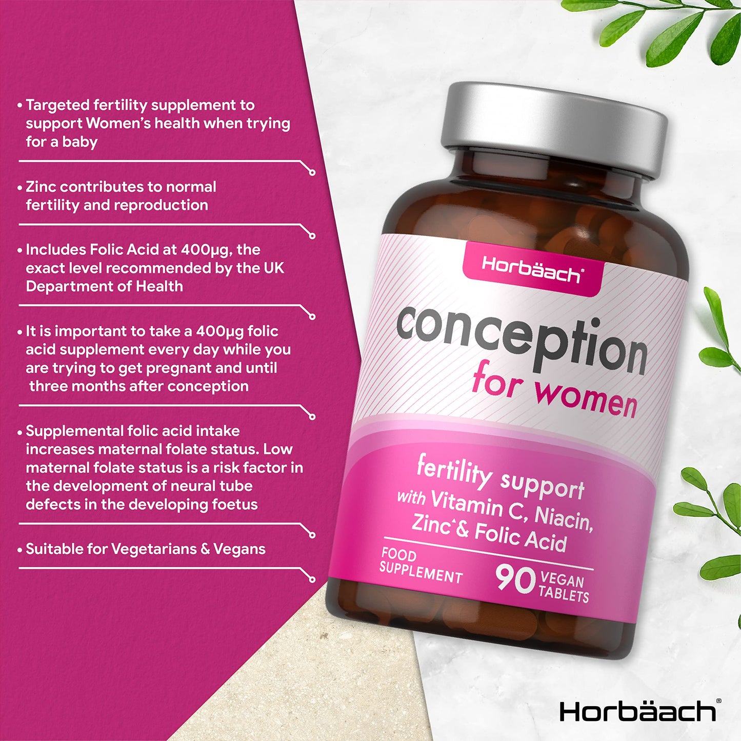 Conception Vitamins for Women | 400µg Folic Acid with Vitamin C, Iron & Zinc | 90 Vegan Tablets | Pregnancy & Fertility Support | by Horbaach
