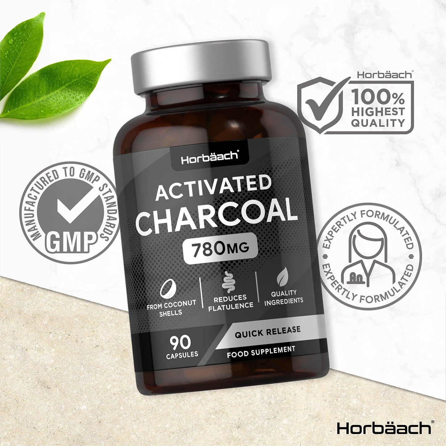 Activated Charcoal Capsules | High Strength 780mg | Digestion Supplement from Natural Coconut | 90 Tablets | by Horbaach