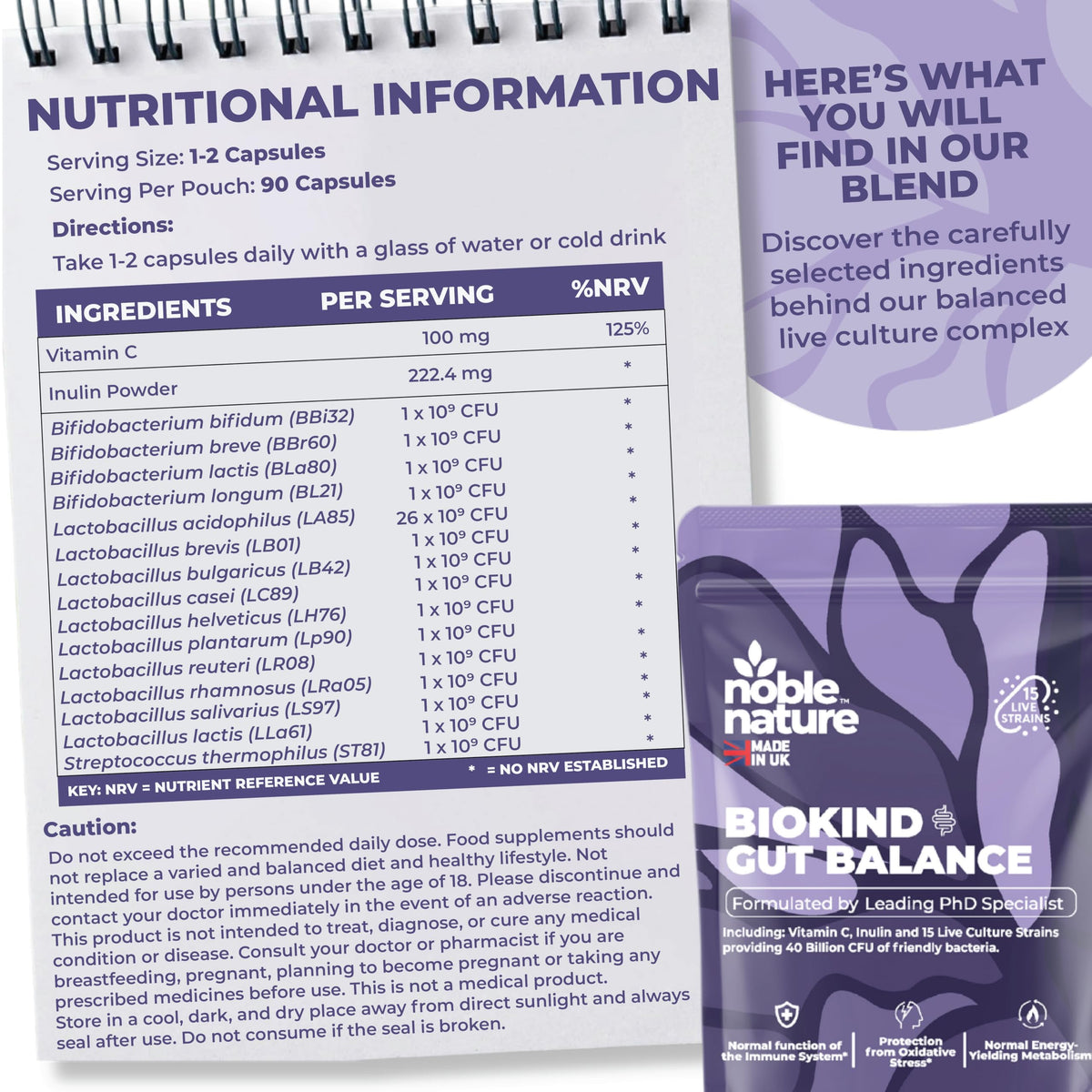NobleNature Noble Nature Biokind Gut Balance – 40 Billion CFU Friendly Bacteria - Bio Cultures Complex - 15 Strains - Lactobacillus & Bifidobacterium for Gut, Immune & Digestive Health with Inulin & Vitamin C