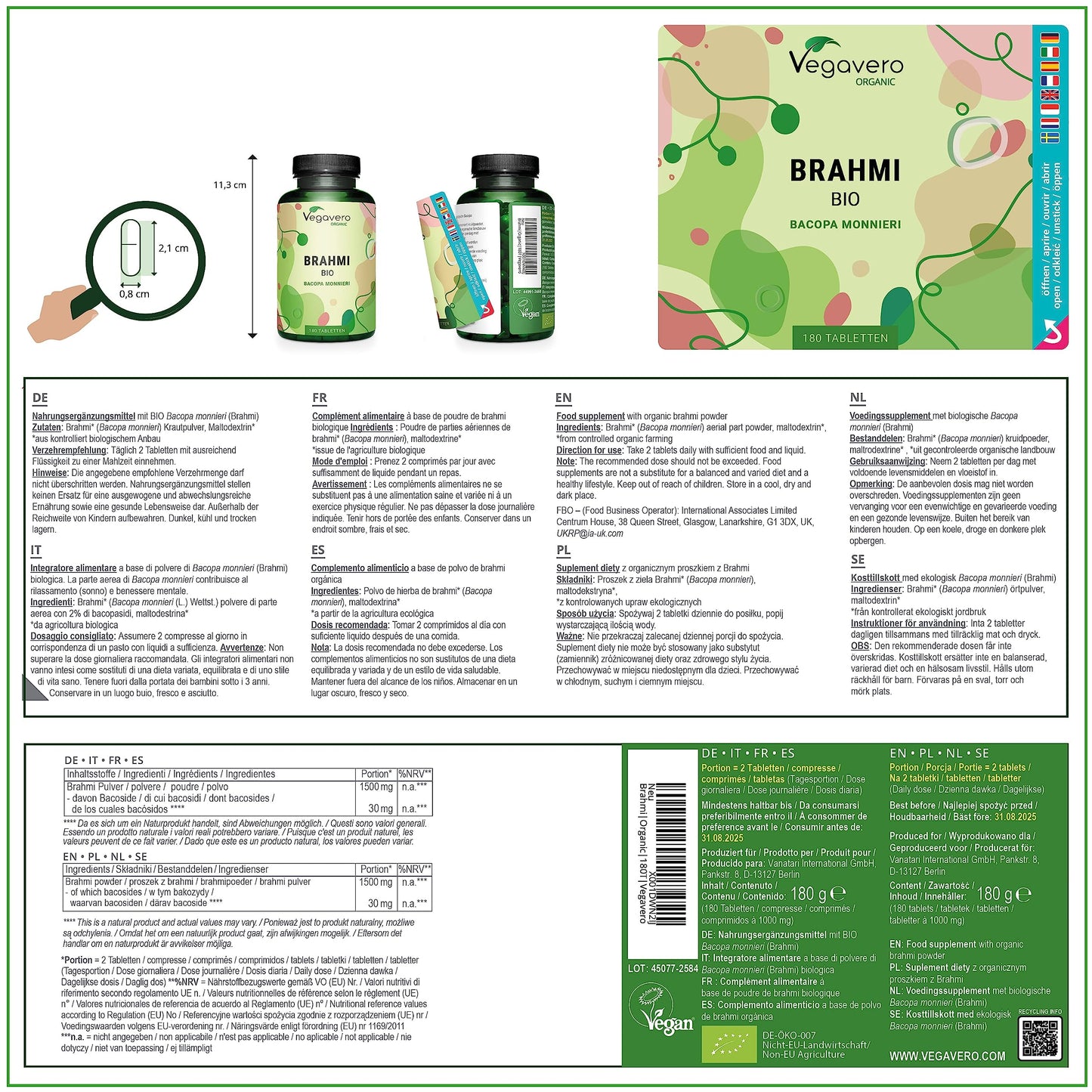 Organic Bacopa Monnieri Vegavero® | 750mg Brahmi Per Tablet | Natural Bacosides | NO Additives, Lab-Tested | 180 Tablets | Vegan