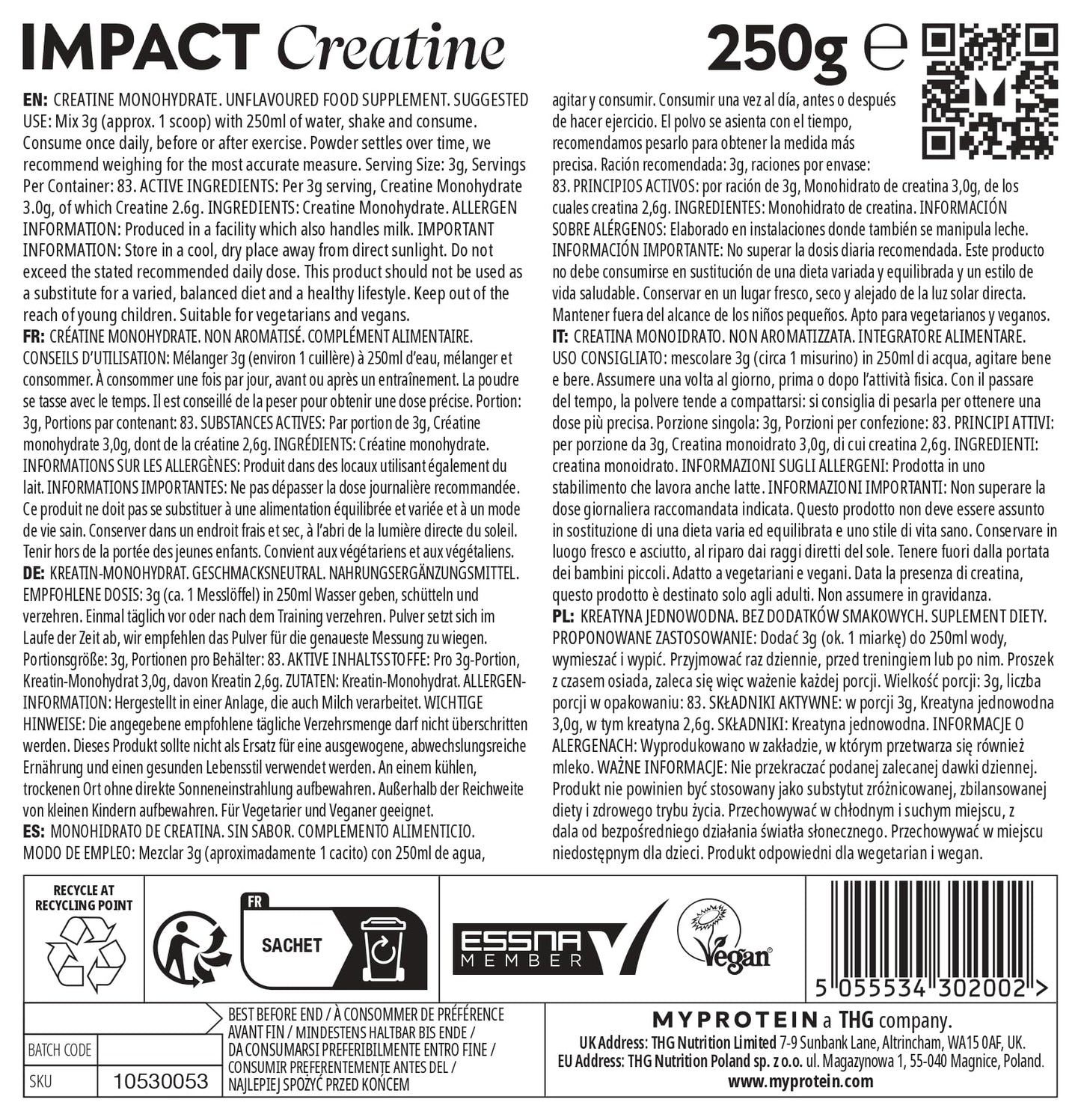 Myprotein Impact Creatine Monohydrate Powder | 250 g | Micronised Creatine for Strength, Power & Muscle Growth | 3 g Per Serving | Supports High-Intensity Training & Recovery | Unflavoured