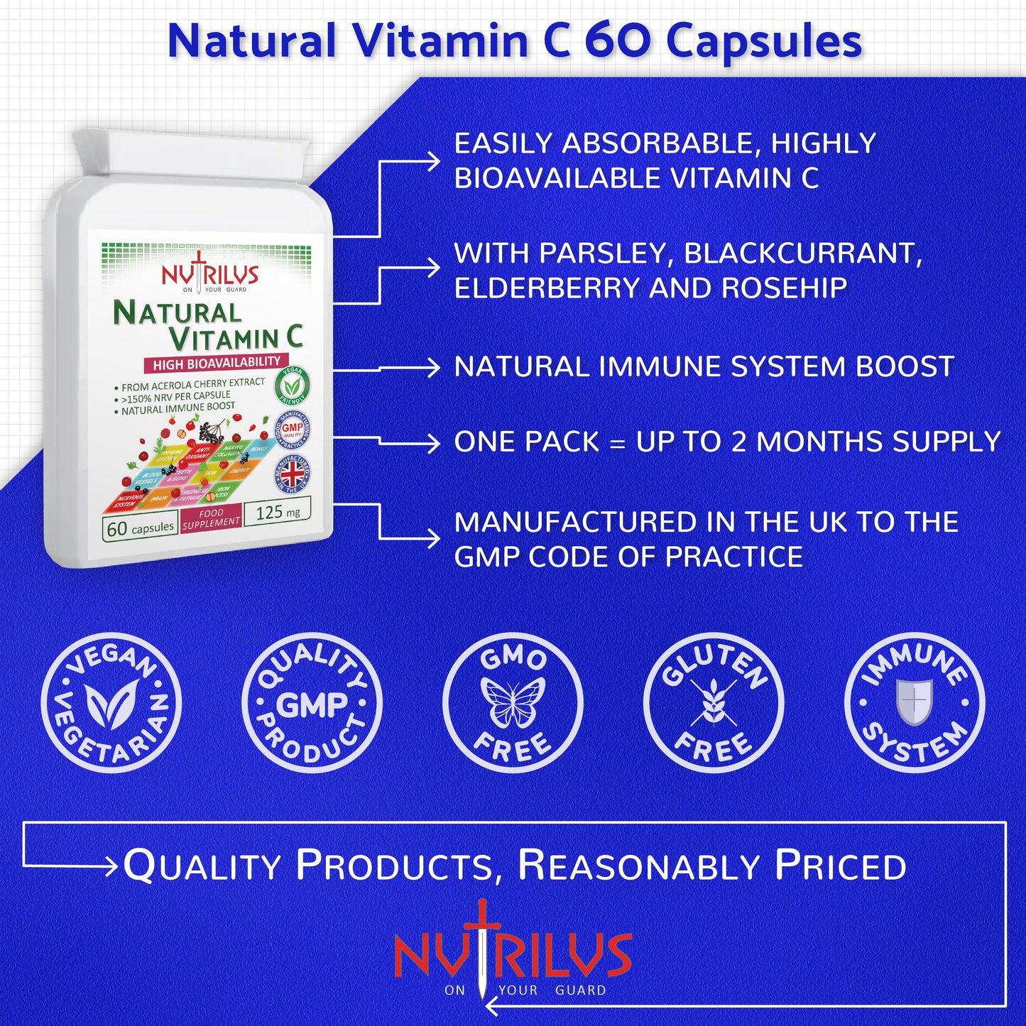 Nutrilus Natural Vitamin C Capsules from Acerola Cherry 500mg Extract - High Bioavailability Supplement - not Ascorbic Acid - Fruit and Herbs Extracts - not Tablets