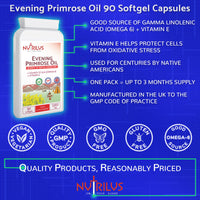 Nutrilus Evening Primrose Oil with Vitamin E - 90 Softgel Capsules 1000mg - Omega 6 GLA Fatty Acid - Cold Pressed