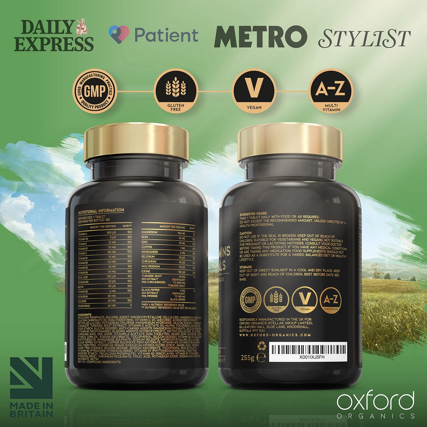 A-Z Multivitamins and Minerals boosted with Turmeric - 180 Vegan Multivitamin Tablets for Women & Men - One a day - 27 Key Nutrients - 100% NRV Multivitamin with Iron, Zinc, Vitamins B, C, D - UK Made