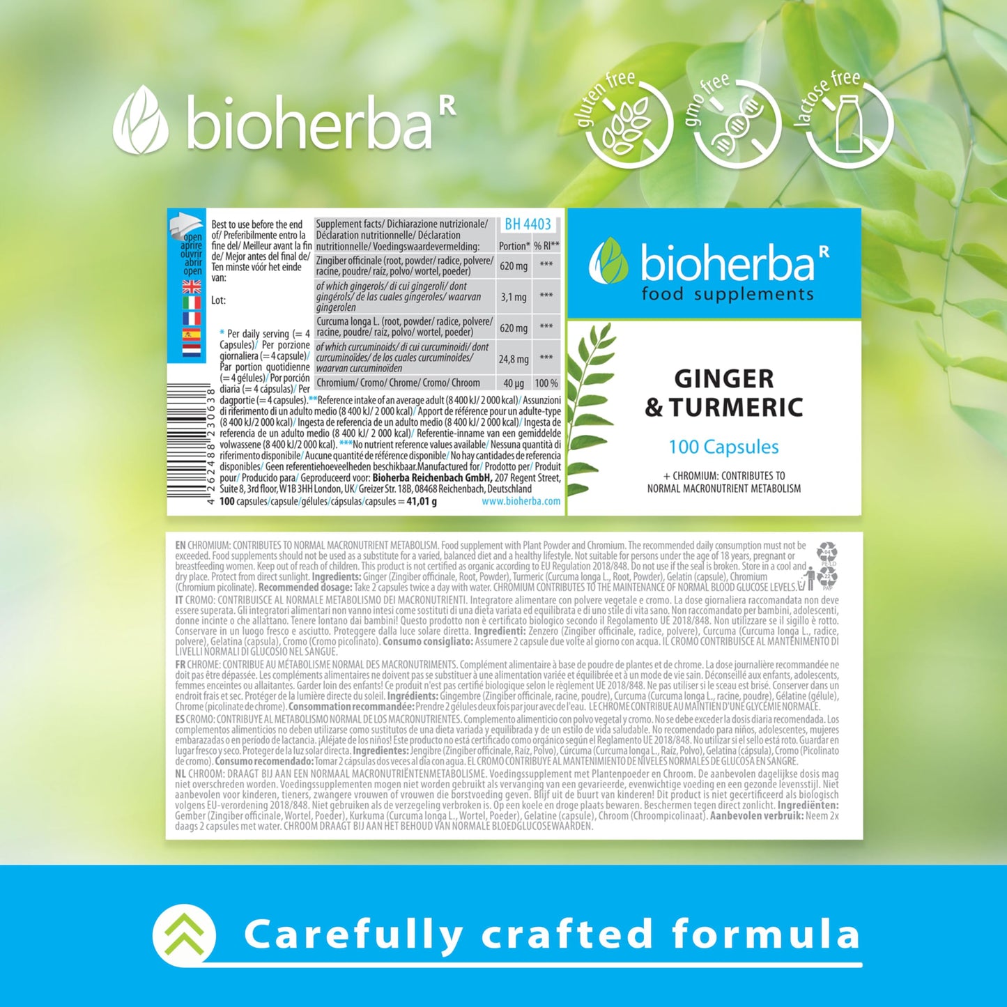 BIOHERBA 100 Ginger and Turmeric Capsules High Strength Curcumin Anti Inflammatory Suitable for Energy & Metabolism - Immune Health Supplements - Enhances Defense System