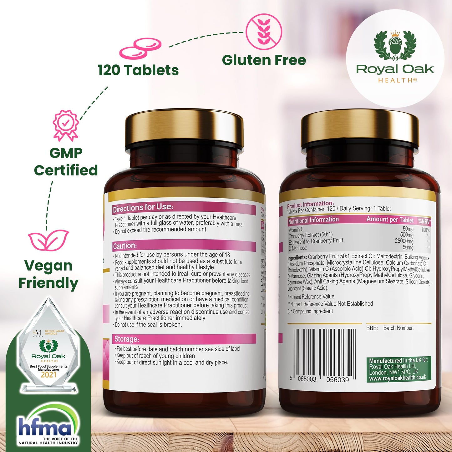 Premium Cranberry Concentrate 25,000mg with D-Mannose & Vitamin C |4 Month Supply x120 Tablets | Non-GMO, Gluten Free, Cranberries Fruit Extract Supplement for Women| UK Made by Royal Oak Health