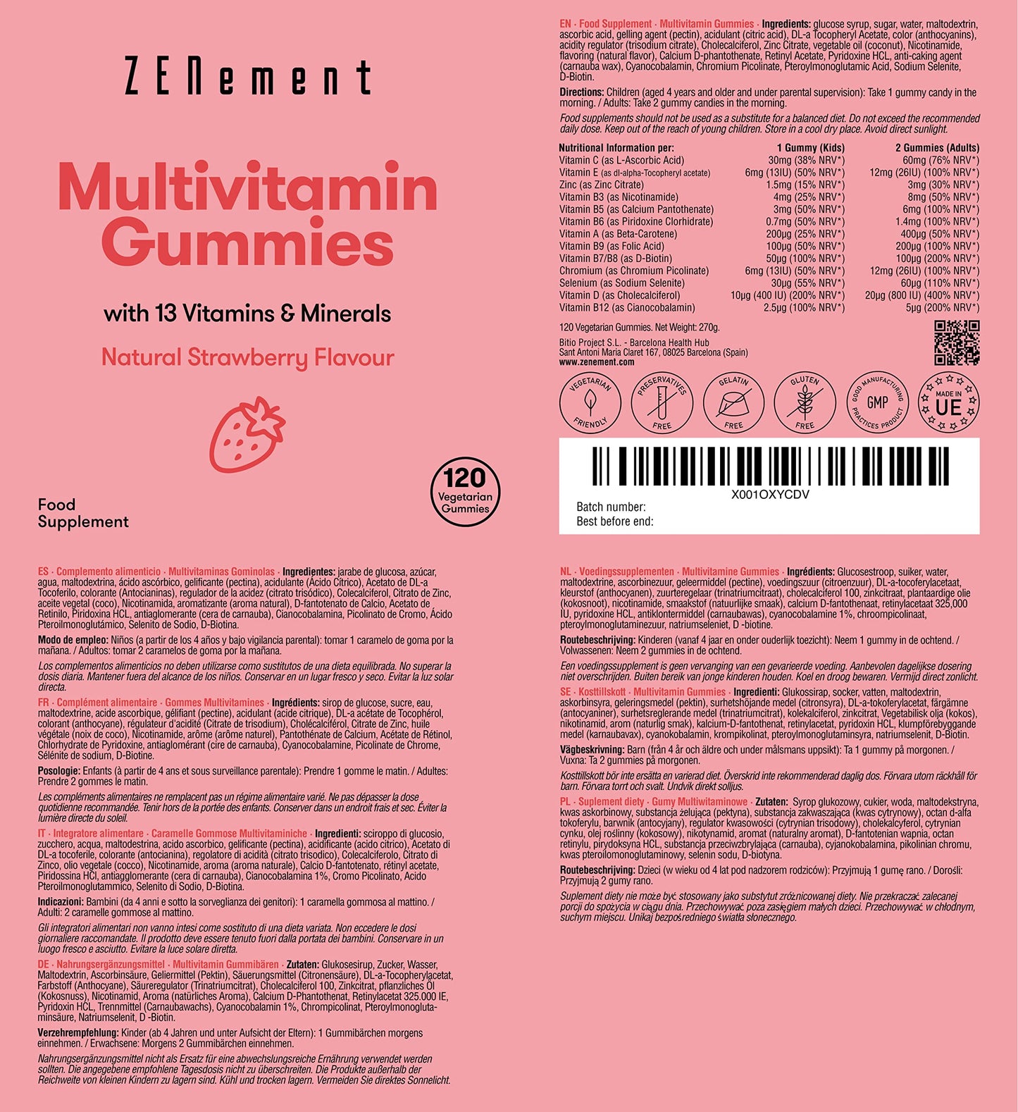 Multivitamins and Mineral Gummies, for Kids, Women and Men, 120 Gummies | Natural Strawberry Flavor | with 13 Vitamins & Minerals | Gelatin Free, Vegetarian, Gluten Free | Zenement