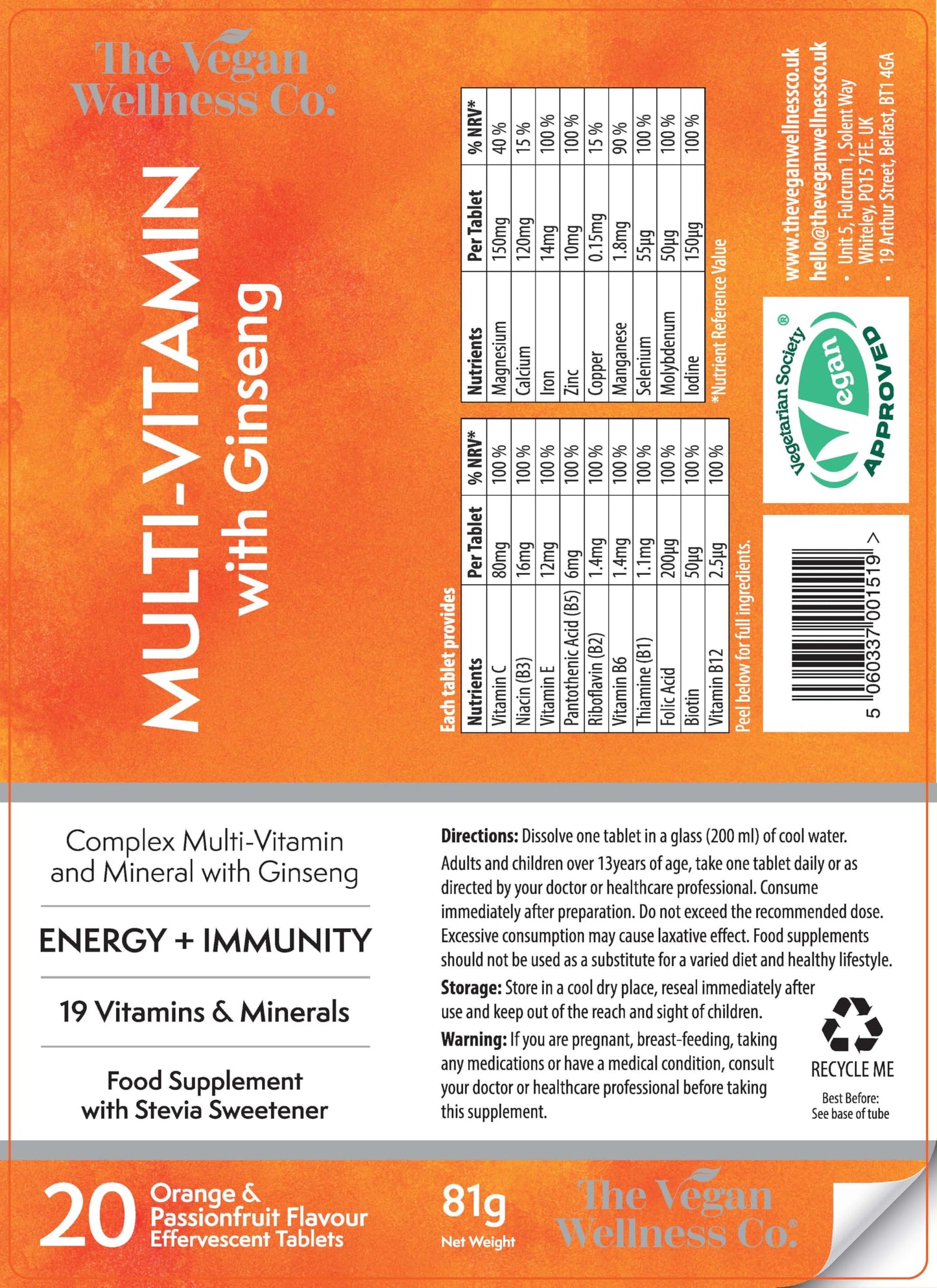 The Vegan Wellness Co. Multivitamin with Ginseng, 19 Nutrients for Energy + Immunity, 40 Effervescent Tablets - Orange and Passionfruit Flavour