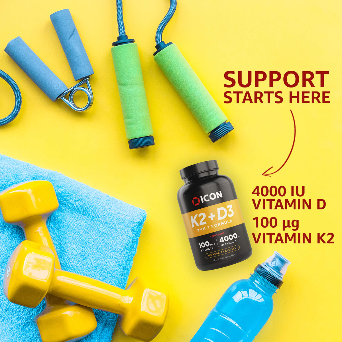 ICON Nutrition Vitamin K2 D3 Supplement, Vitamin D3 4000 IU and K2 Vitamin 100μg MK7 Capsules, Vegetarian Supplement, High Strength, Bone & Immune Health - 180 Count (6 Month Supply)