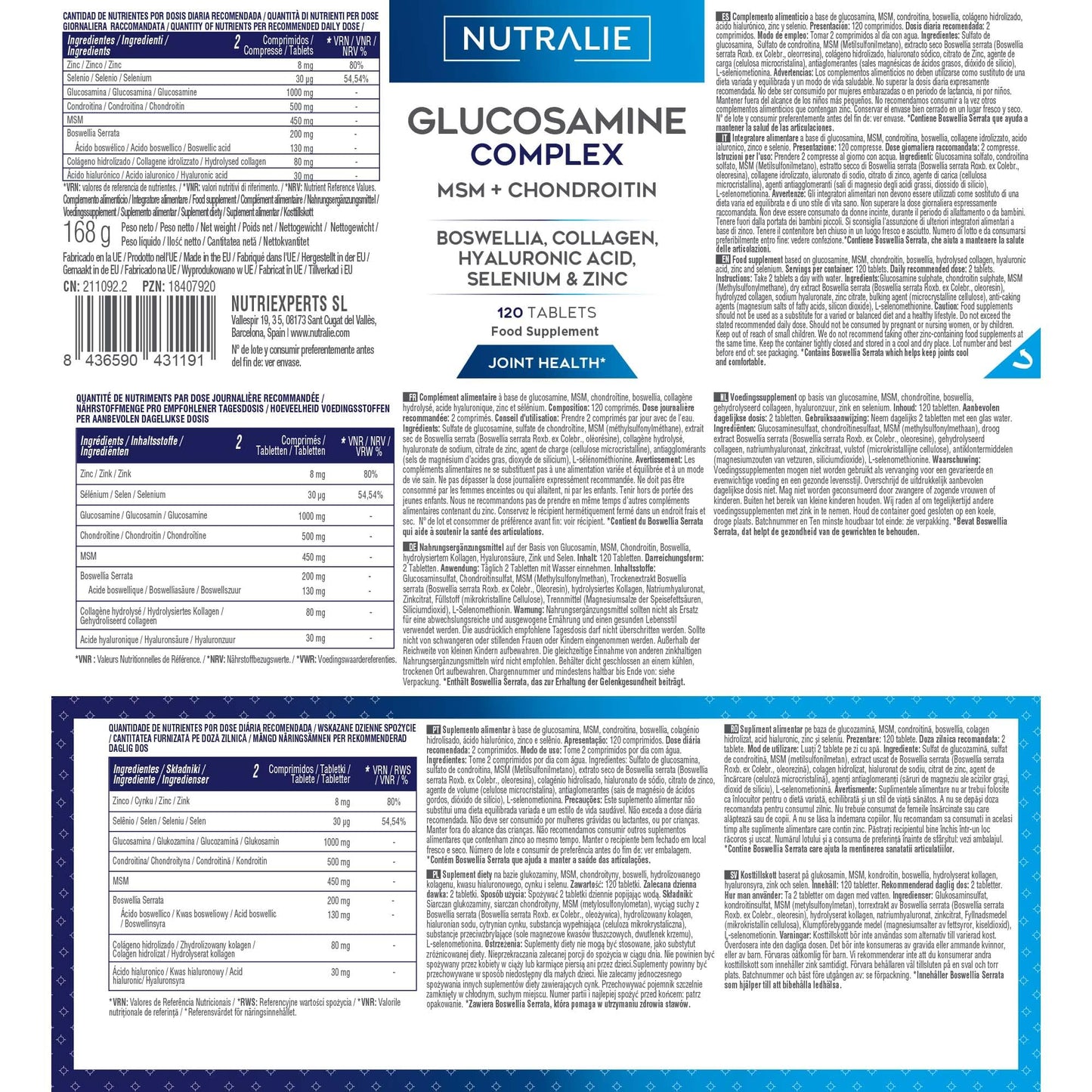 Glucosamine and Chondroitin High Strength Complex - MSM, Collagen, Hyaluronic Acid and Boswellia - Maintain Normal Bones - Glucosamine Sulphate 1500 mg - 120 Tablets NUTRALIE