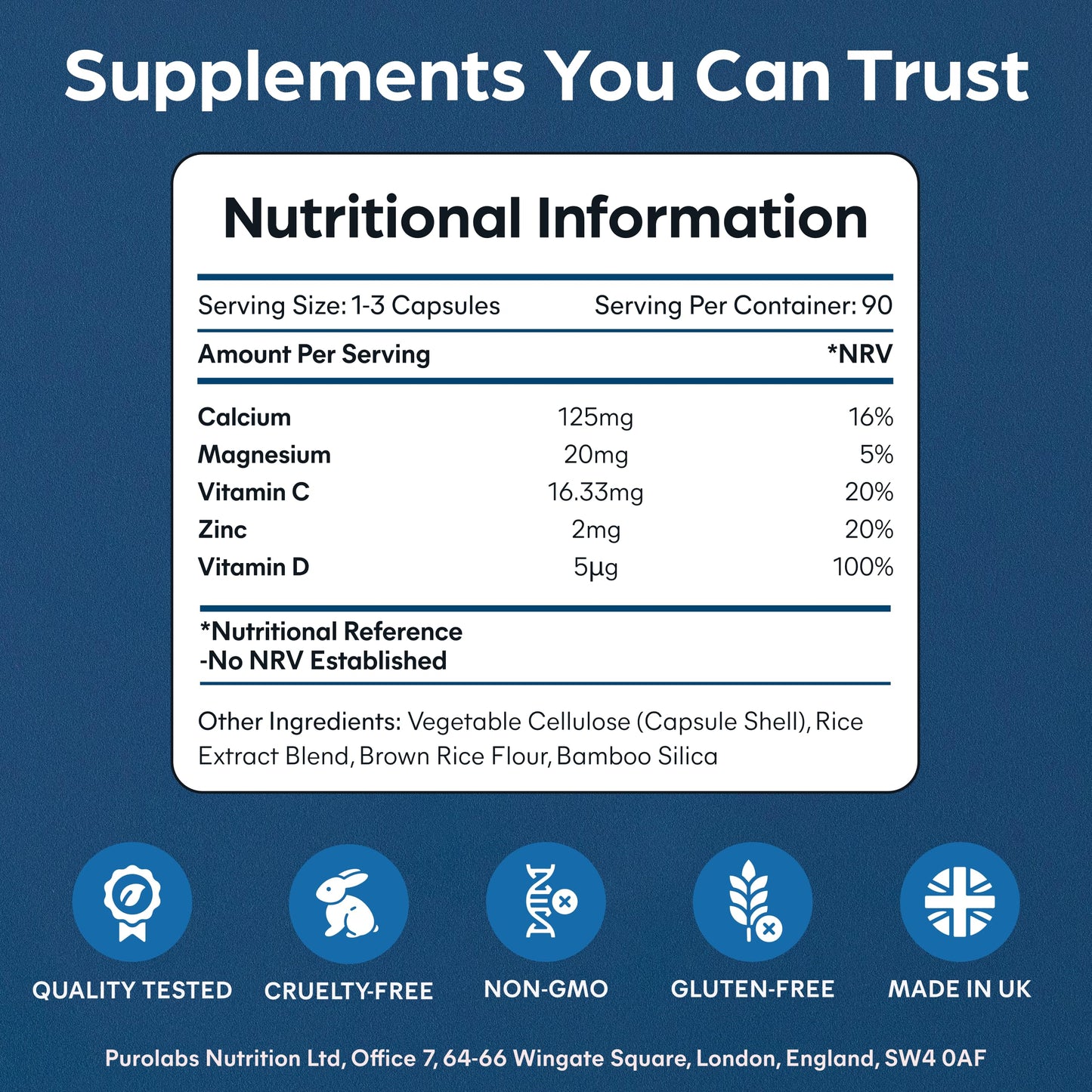 Purolabs Calcium Complex - High Strength Bone Support with Vitamin D3, Magnesium, Zinc & Vitamin C - Optimal Absorption Formula for Women & Men - 90 Capsules