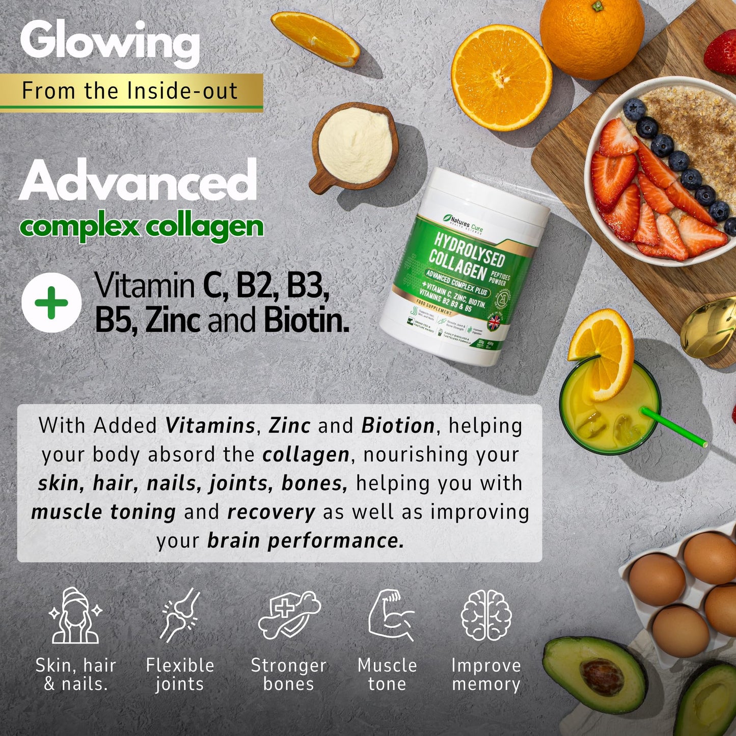 Natures cure Premium Collagen Powder Complex – Bovine Collagen Peptides 450g- Enriched with Essential B Vitamins, Vitamin C, Zinc & Biotin – Pure Hydrolysed Collagen Supplement – by Natures Cure